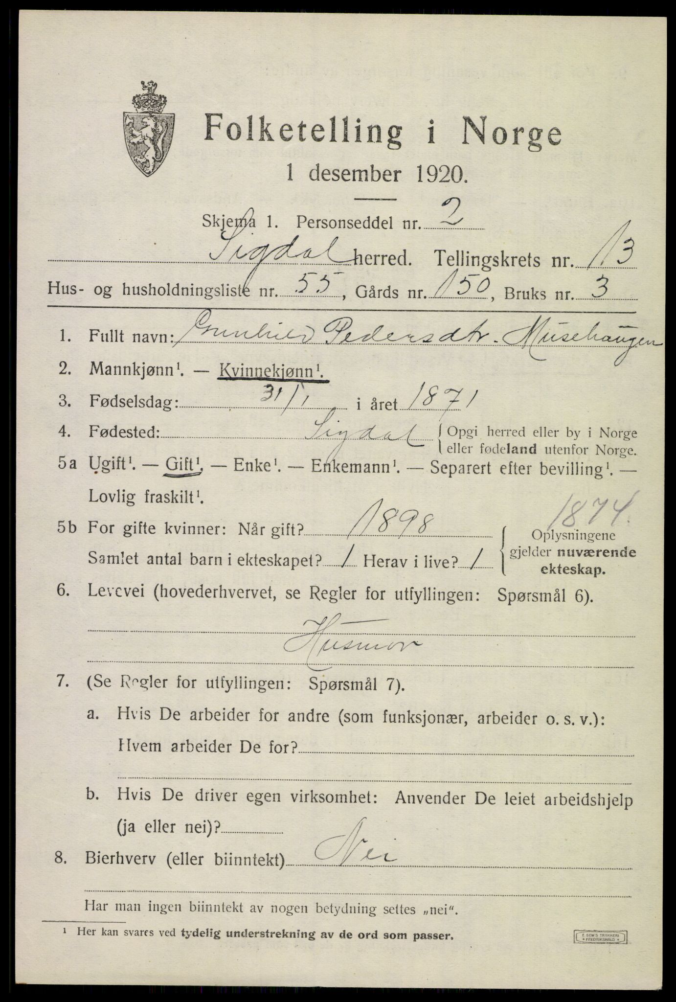 SAKO, 1920 census for Sigdal, 1920, p. 8634