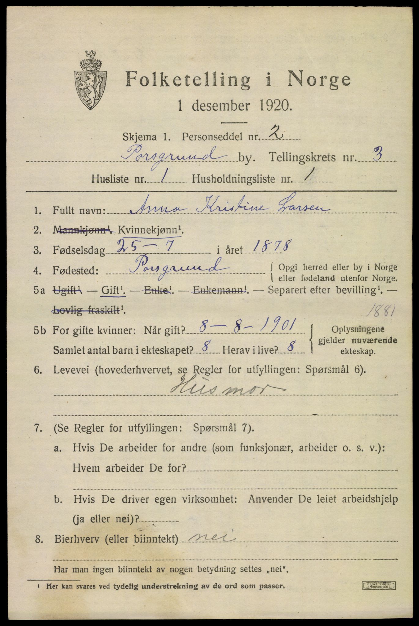 SAKO, 1920 census for Porsgrunn, 1920, p. 14447