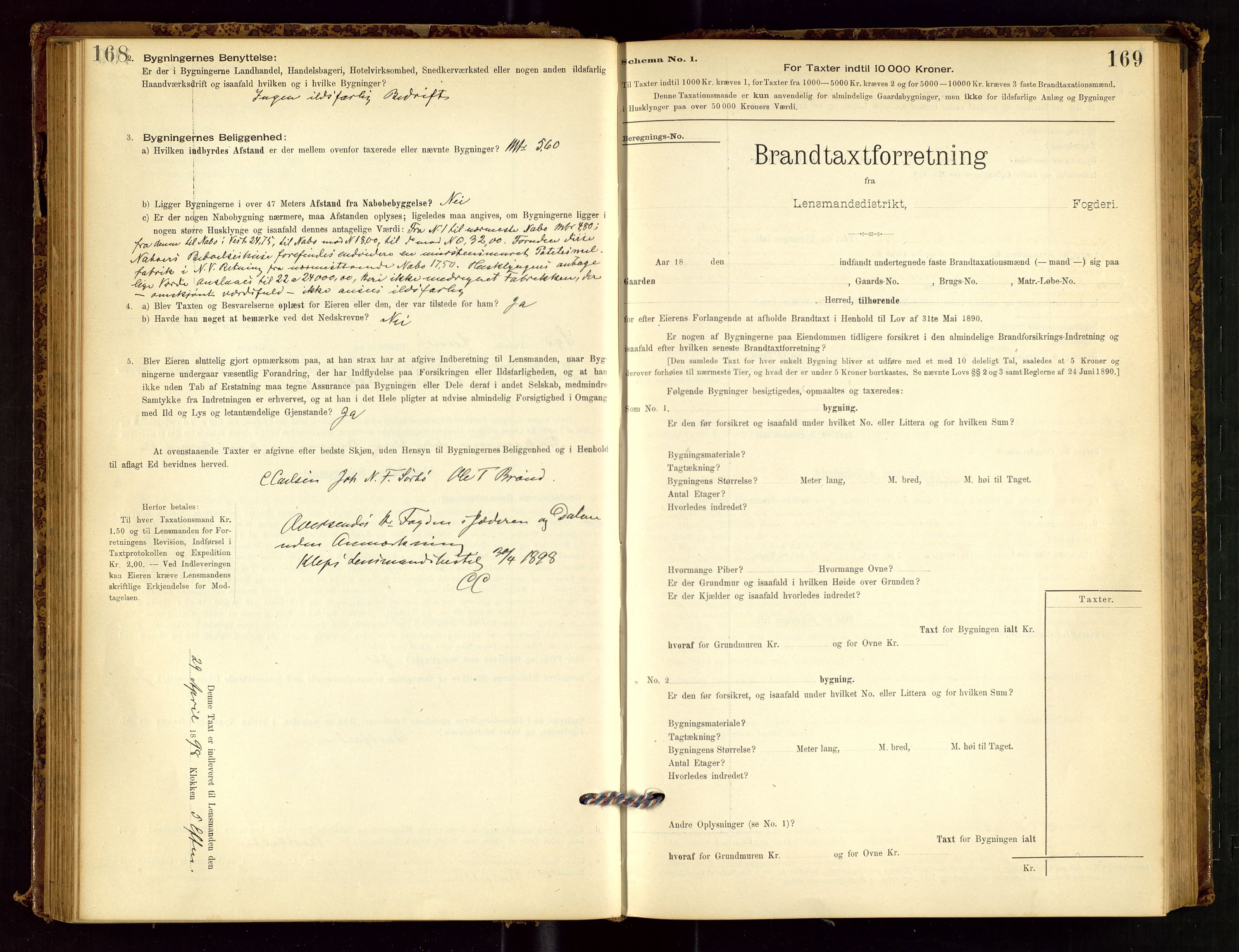 Klepp lensmannskontor, SAST/A-100163/Goc/L0001: "Brandtaxationsprotokol" m/register, 1895-1898, p. 168-169