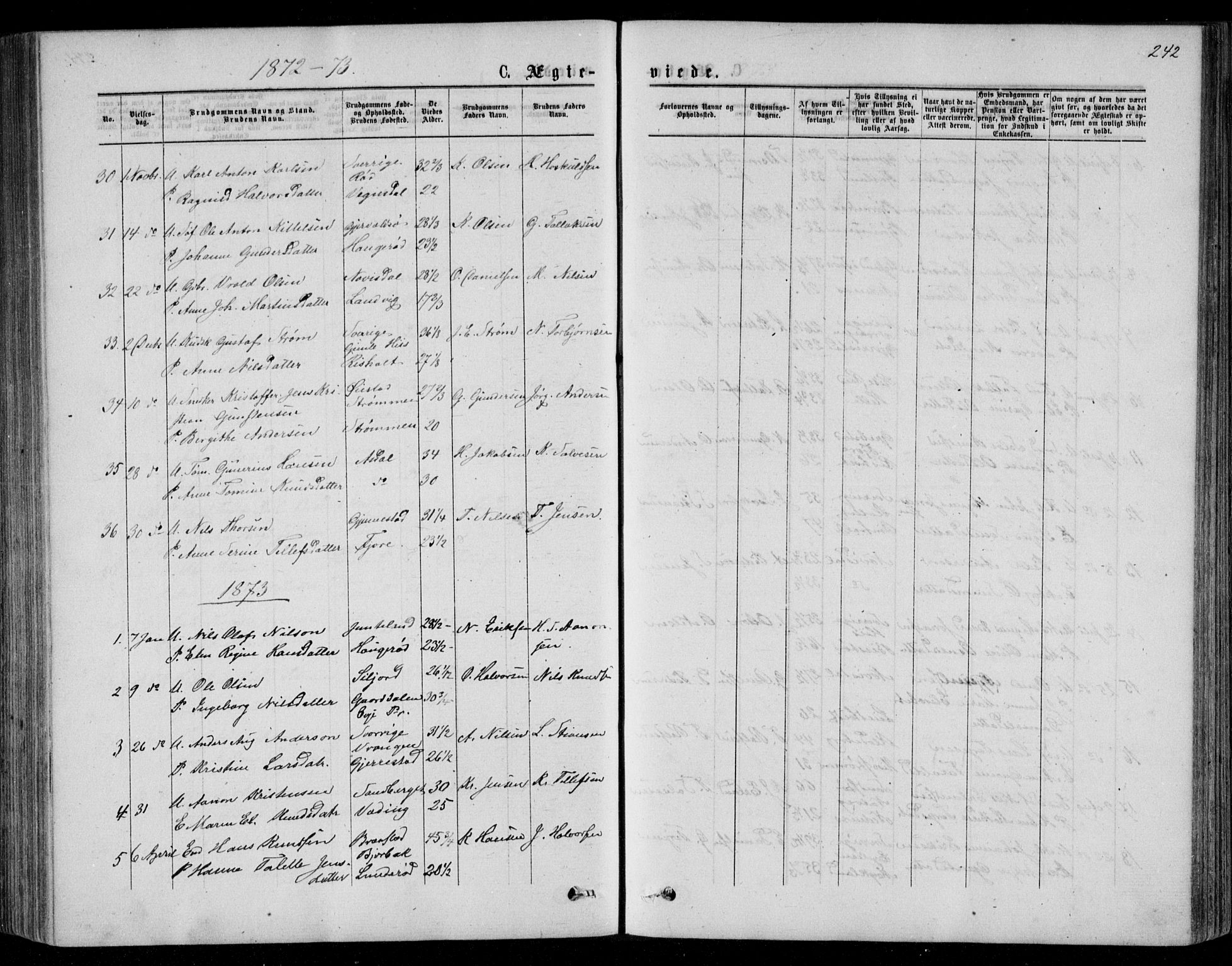 Øyestad sokneprestkontor, AV/SAK-1111-0049/F/Fb/L0008: Parish register (copy) no. B 8, 1872-1886, p. 242