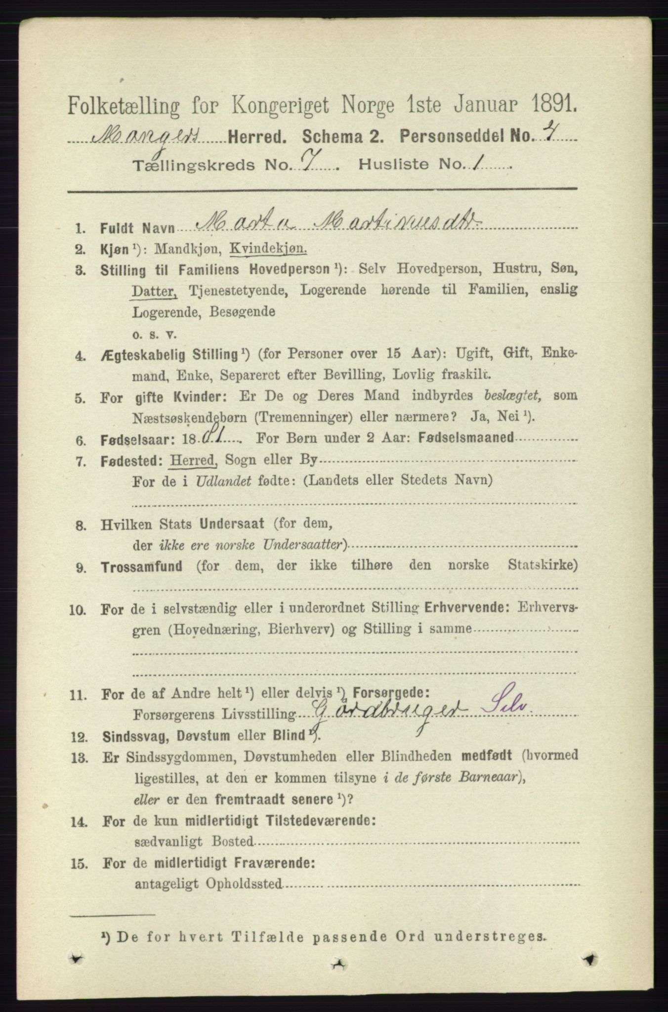 RA, 1891 census for 1261 Manger, 1891, p. 4362