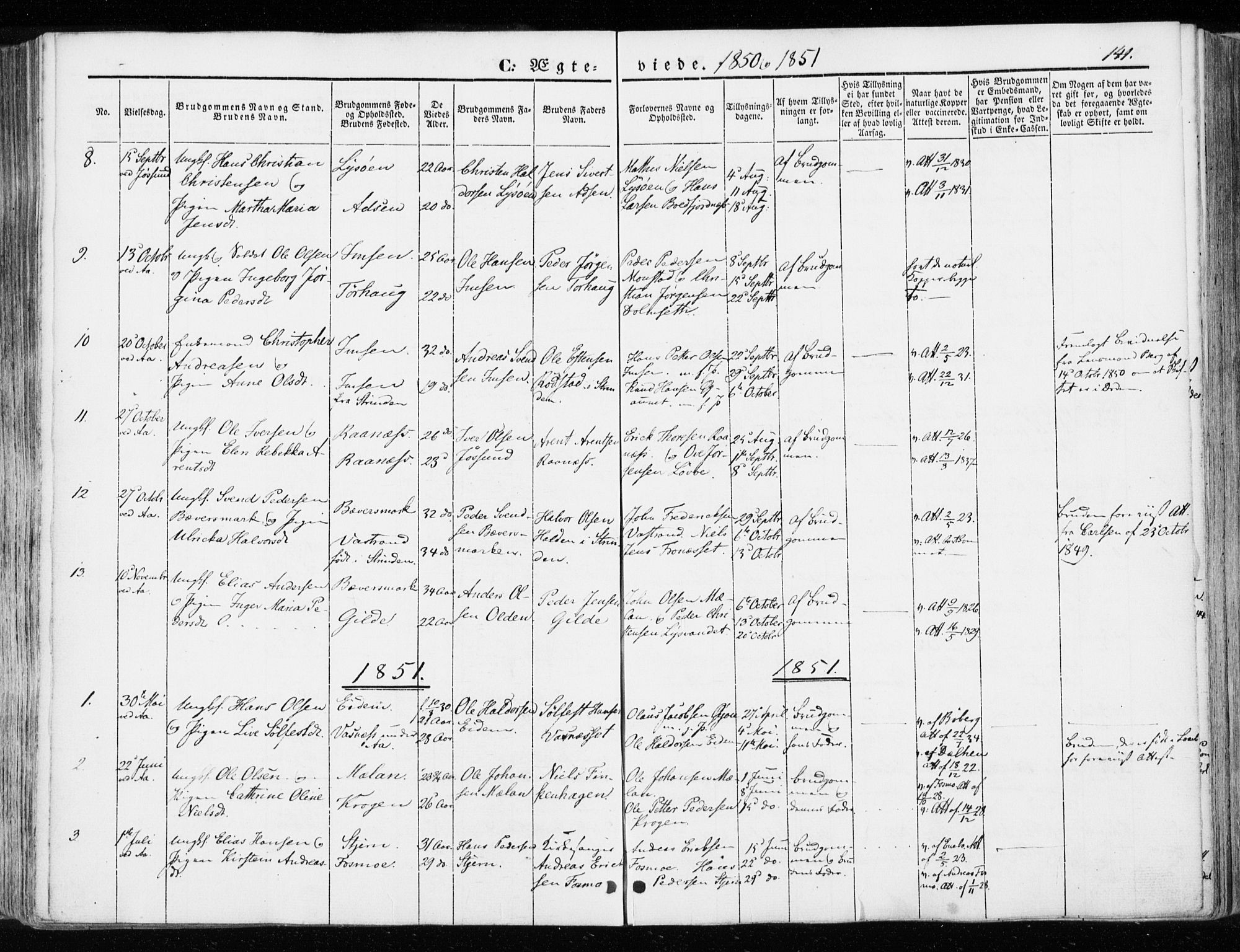 Ministerialprotokoller, klokkerbøker og fødselsregistre - Sør-Trøndelag, SAT/A-1456/655/L0677: Parish register (official) no. 655A06, 1847-1860, p. 141
