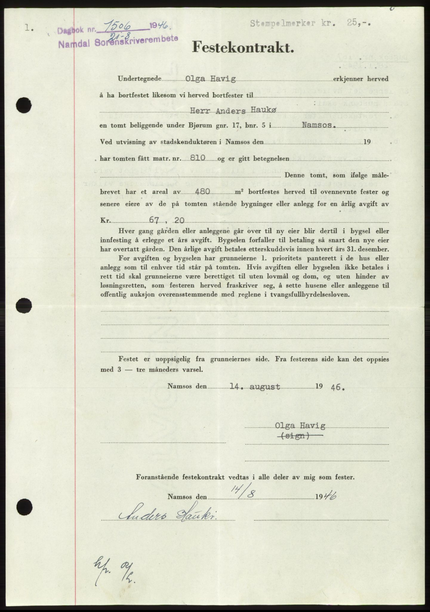 Namdal sorenskriveri, AV/SAT-A-4133/1/2/2C: Mortgage book no. -, 1946-1946, Diary no: : 1506/1946