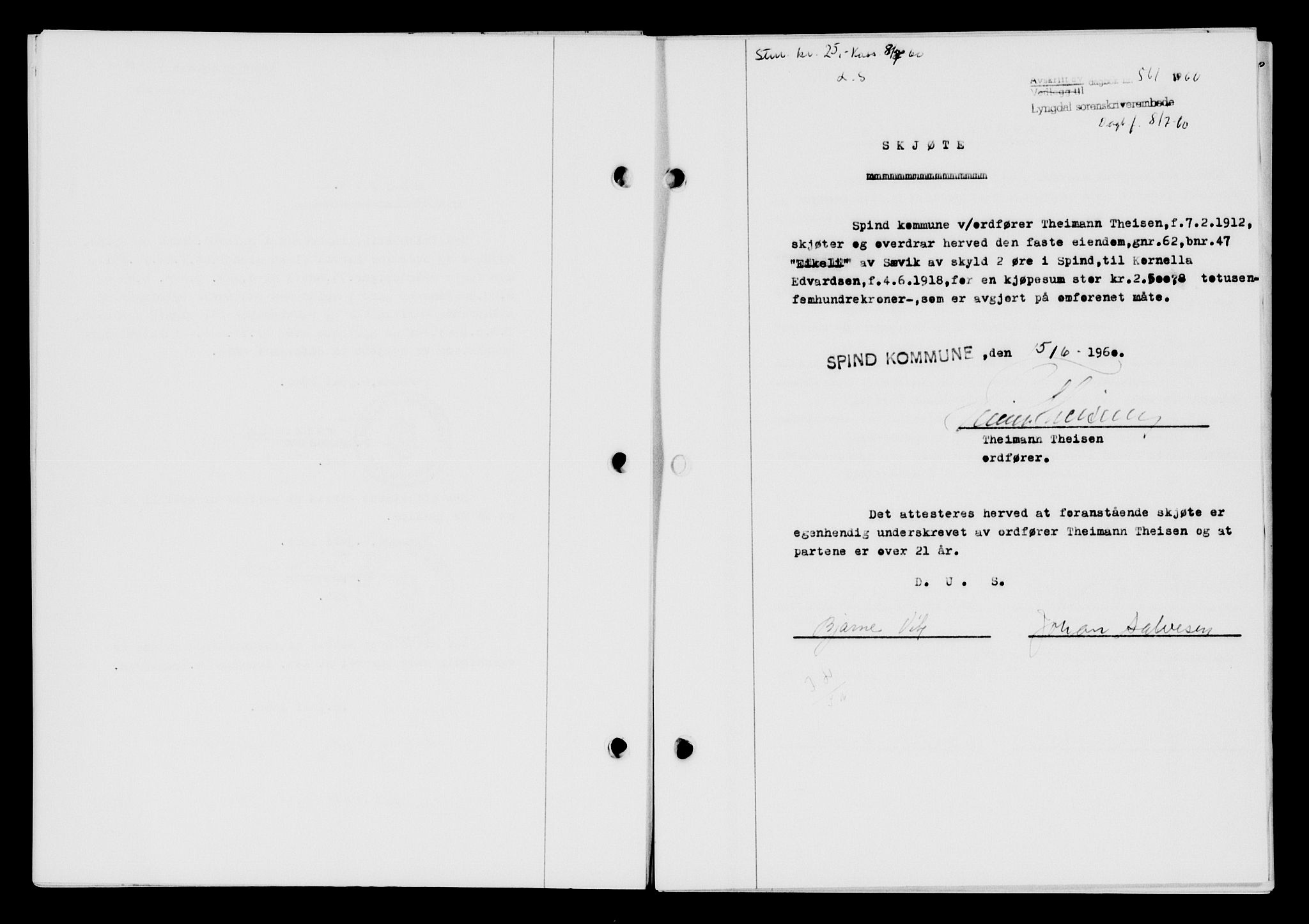 Lyngdal sorenskriveri, AV/SAK-1221-0004/G/Gb/L0680: Mortgage book no. A XXVI, 1960-1960, Diary no: : 561/1960