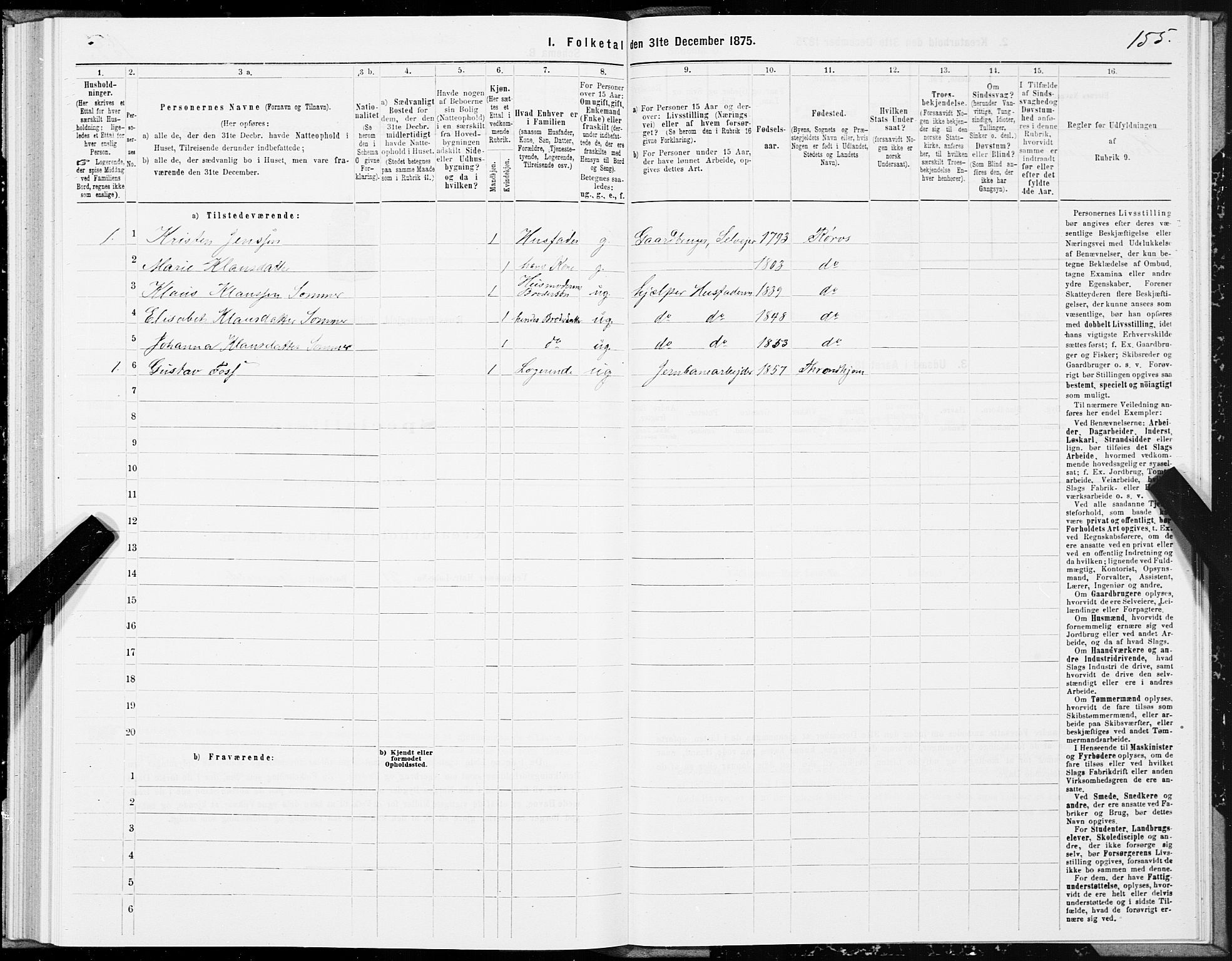 SAT, 1875 census for 1640P Røros, 1875, p. 3155