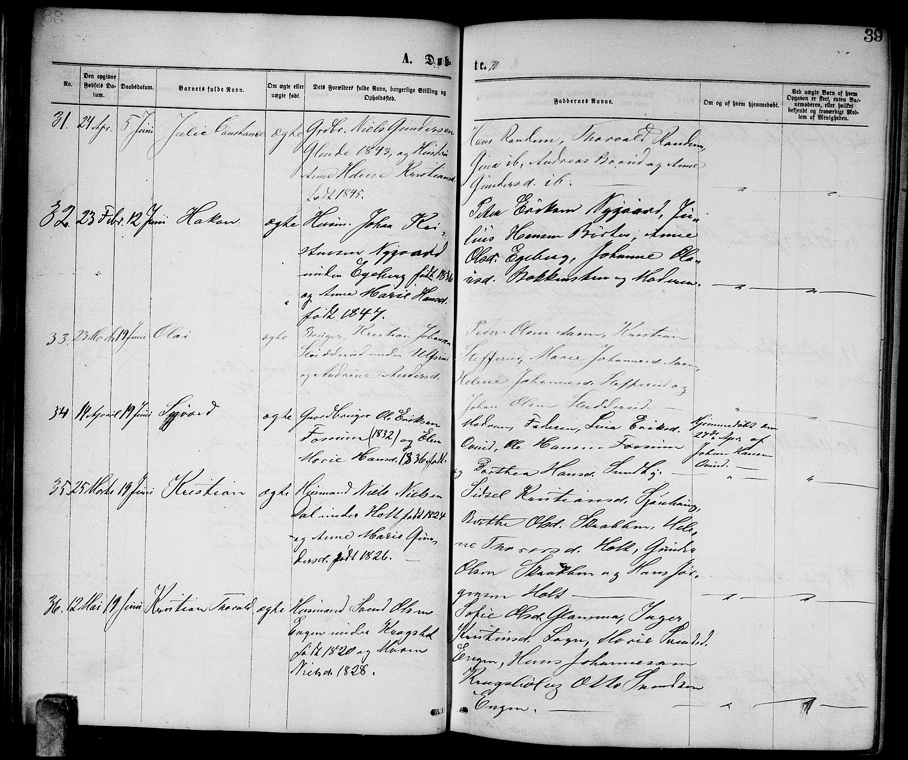 Enebakk prestekontor Kirkebøker, AV/SAO-A-10171c/G/Ga/L0005: Parish register (copy) no. I 5, 1867-1888, p. 39