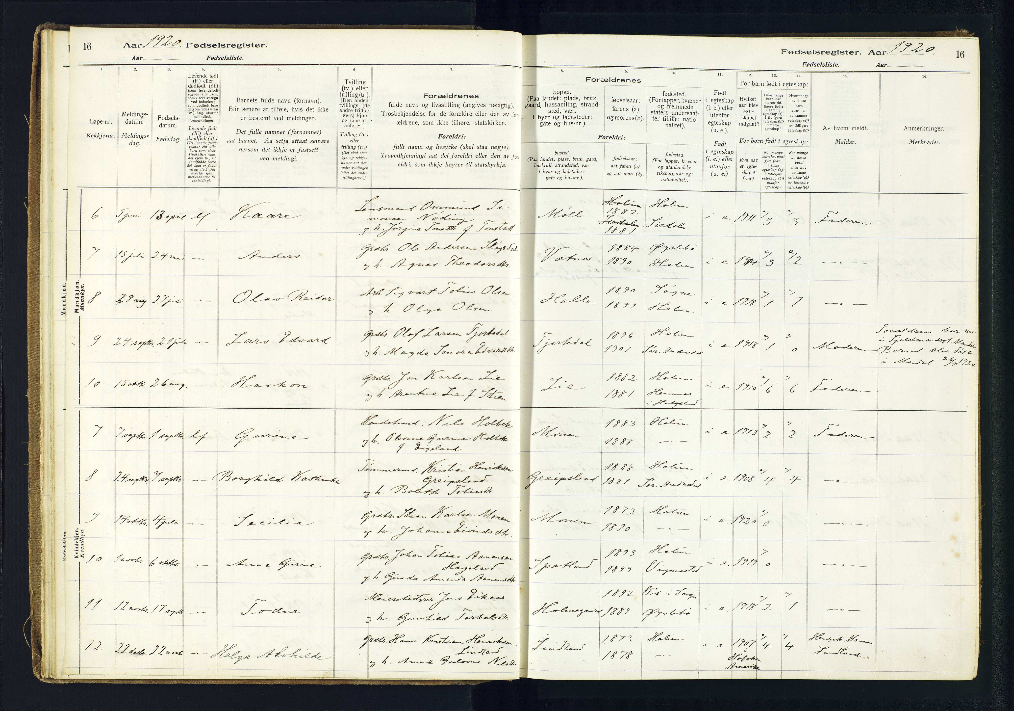 Holum sokneprestkontor, SAK/1111-0022/J/Ja/L0003: Birth register no. II.6.12, 1916-1982, p. 16
