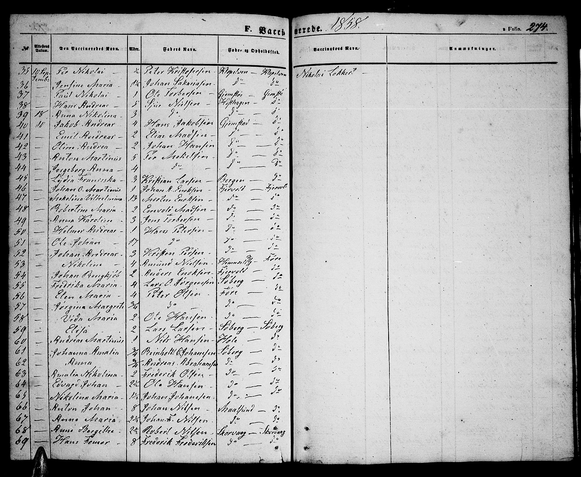 Ministerialprotokoller, klokkerbøker og fødselsregistre - Nordland, AV/SAT-A-1459/891/L1313: Parish register (copy) no. 891C02, 1856-1870, p. 274