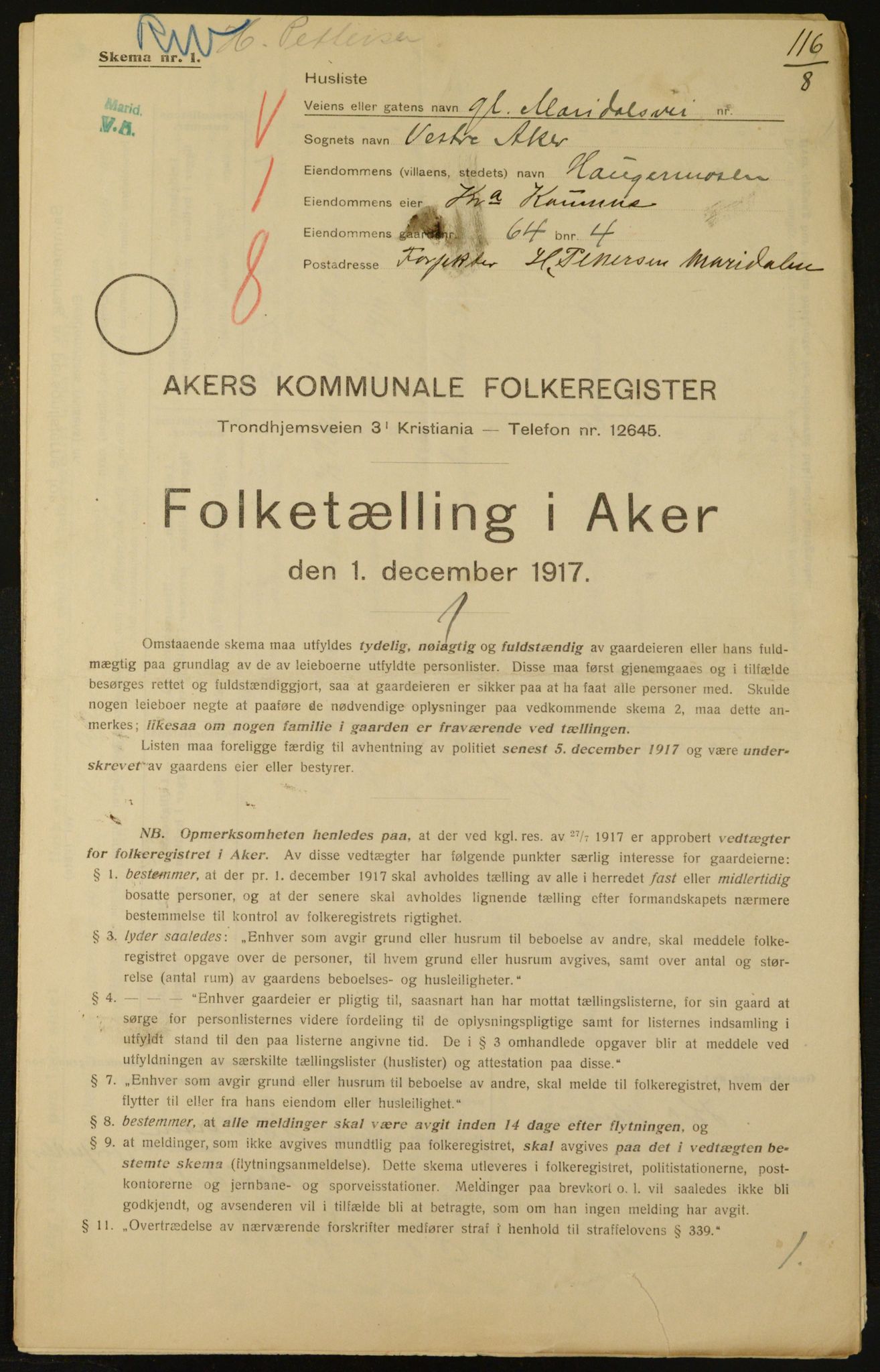 OBA, Municipal Census 1917 for Aker, 1917, p. 11663