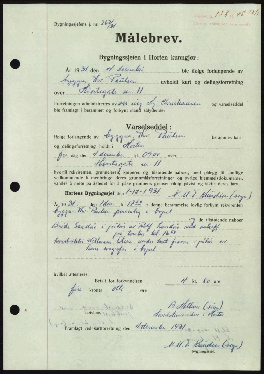 Horten sorenskriveri, AV/SAKO-A-133/G/Ga/Gaa/L0010: Mortgage book no. A-10, 1947-1948, Diary no: : 138/1948