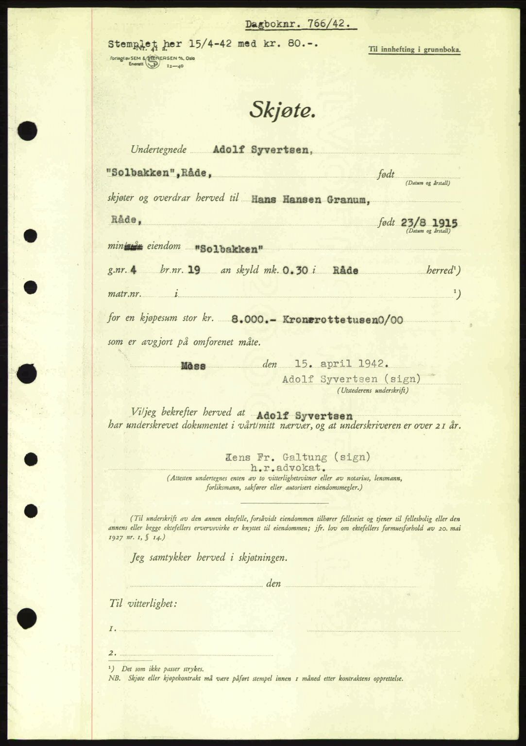 Moss sorenskriveri, SAO/A-10168: Mortgage book no. A9, 1941-1942, Diary no: : 766/1942