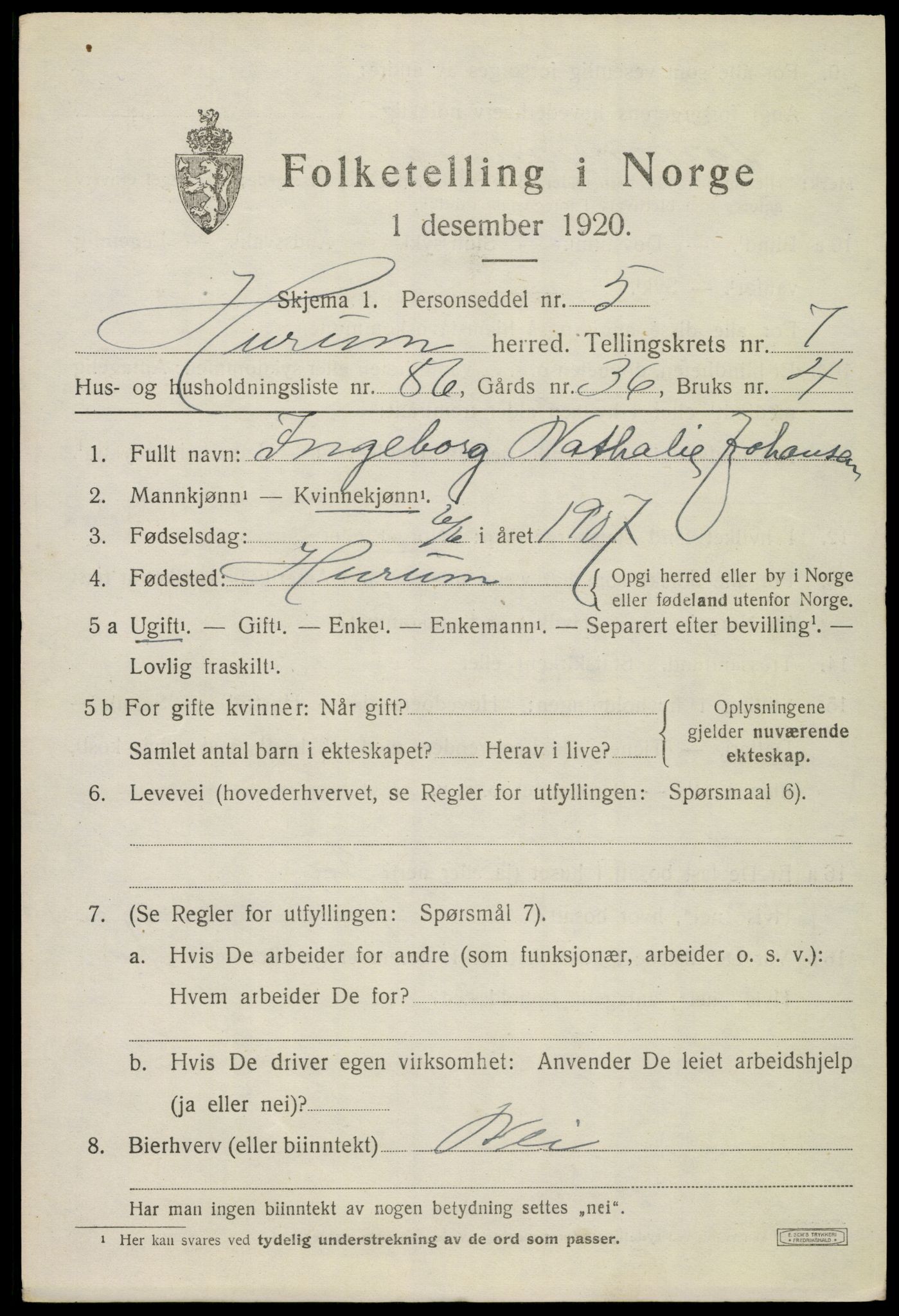 SAKO, 1920 census for Hurum, 1920, p. 10088