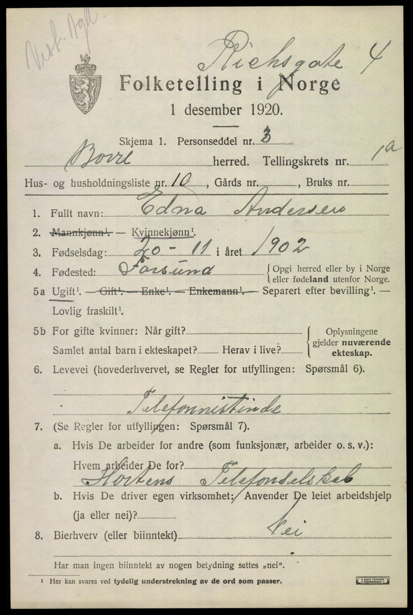 SAKO, 1920 census for Borre, 1920, p. 1542