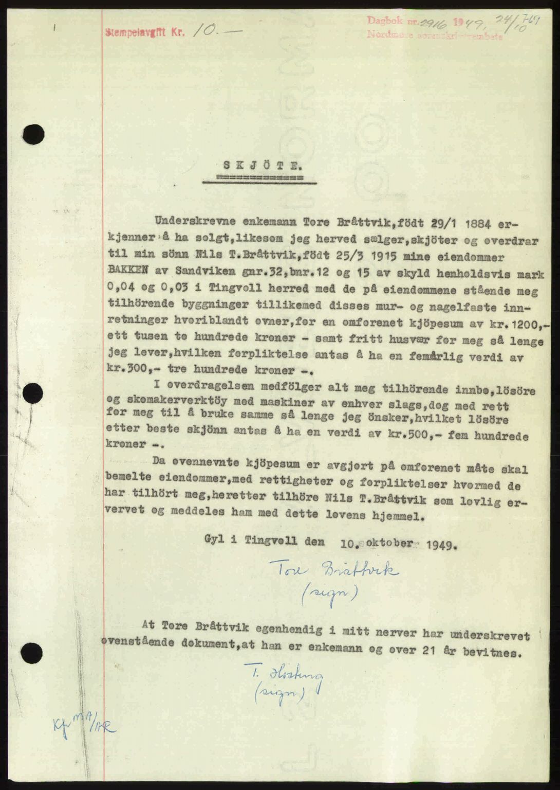 Nordmøre sorenskriveri, AV/SAT-A-4132/1/2/2Ca: Mortgage book no. A112, 1949-1949, Diary no: : 2916/1949