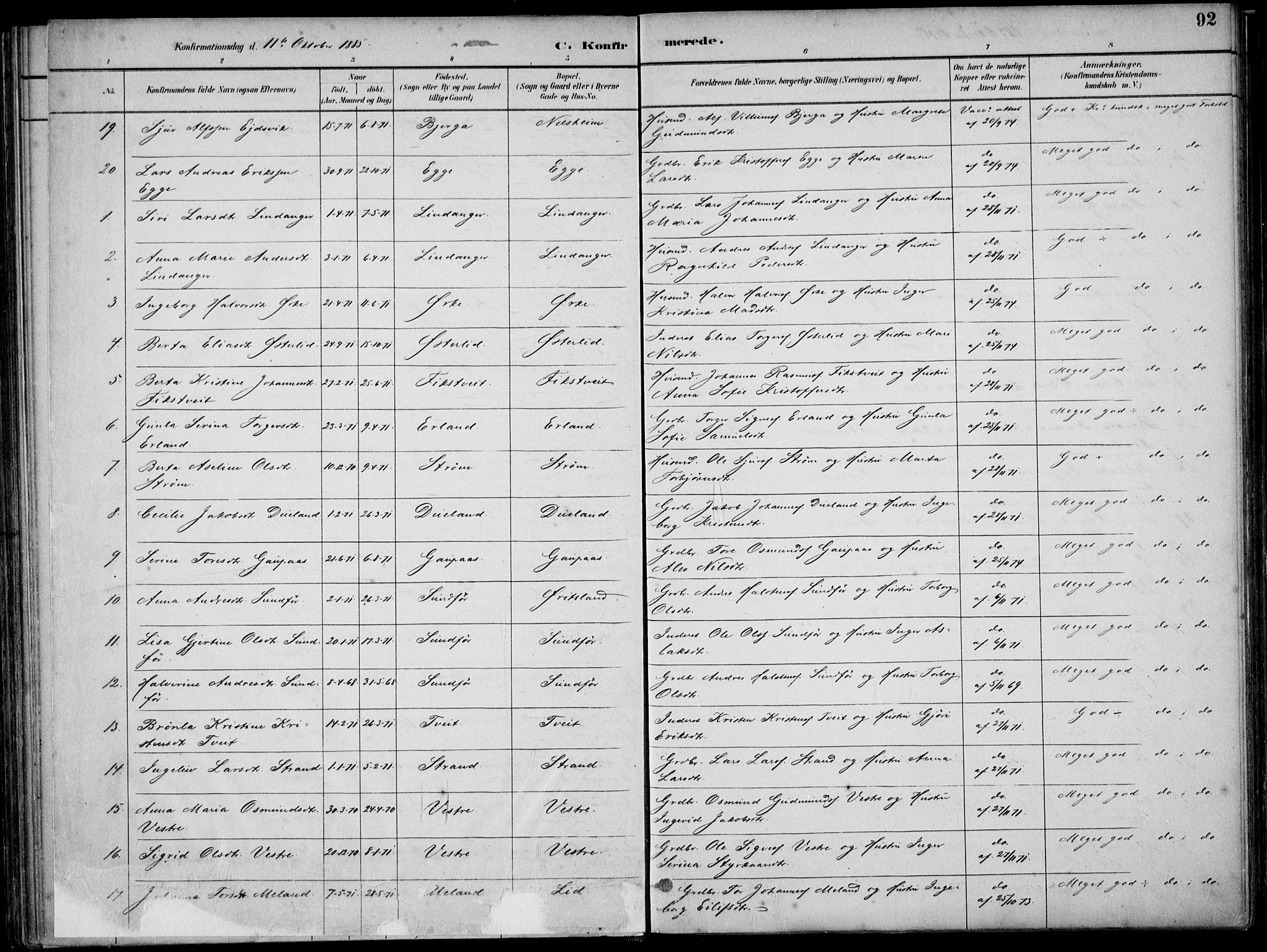 Skjold sokneprestkontor, AV/SAST-A-101847/H/Ha/Haa/L0010: Parish register (official) no. A 10, 1882-1897, p. 92