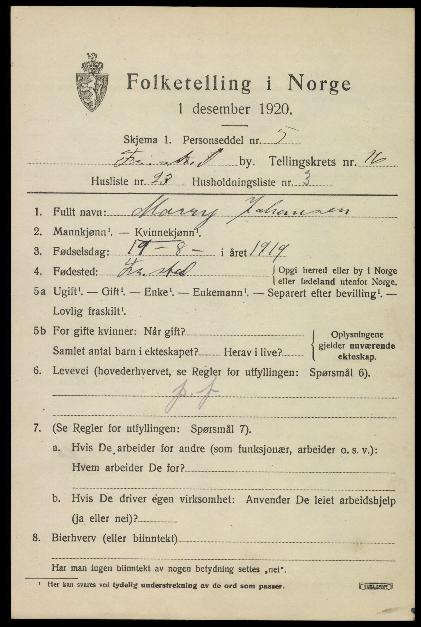 SAO, 1920 census for Fredrikstad, 1920, p. 37453