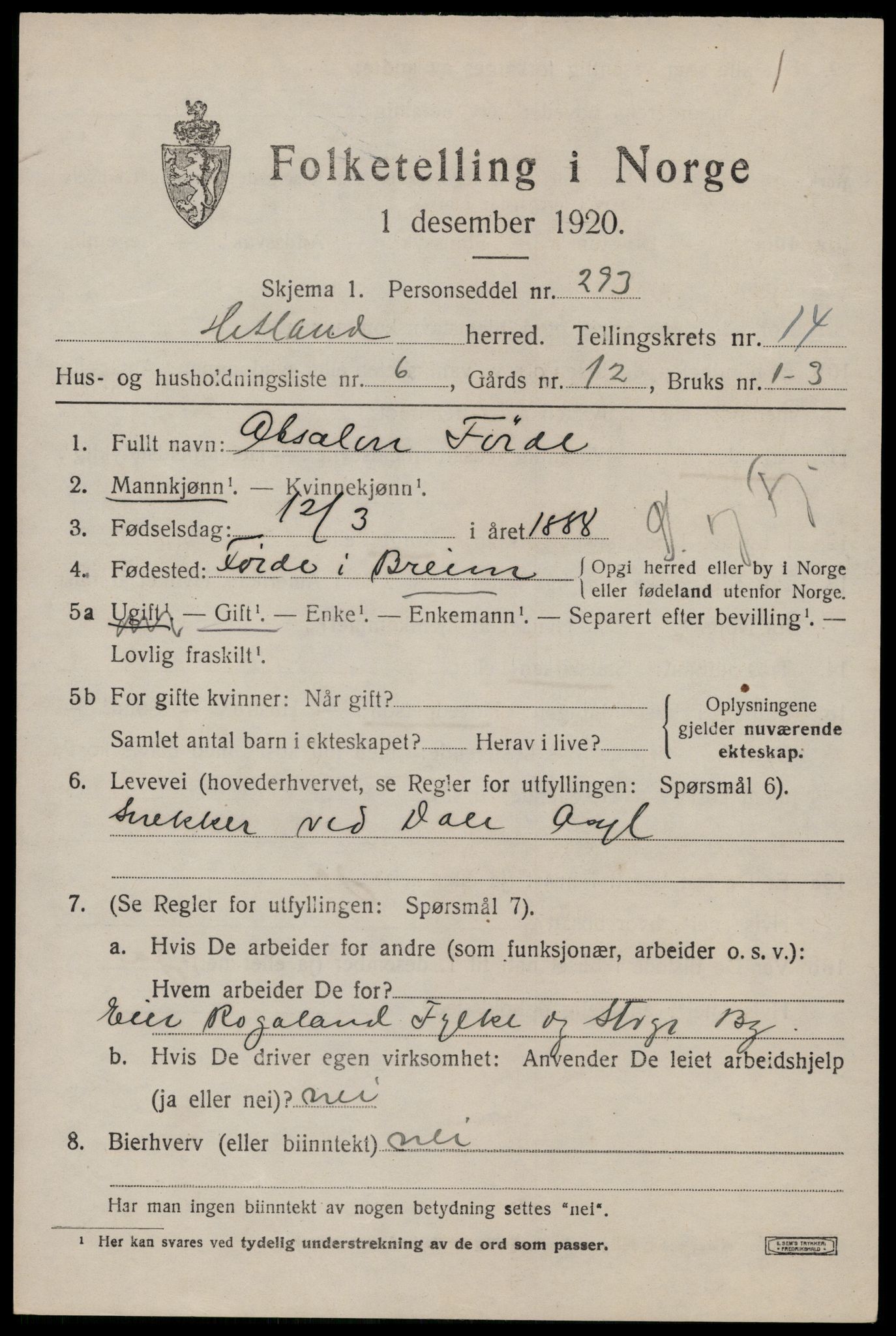 SAST, 1920 census for Hetland, 1920, p. 22801