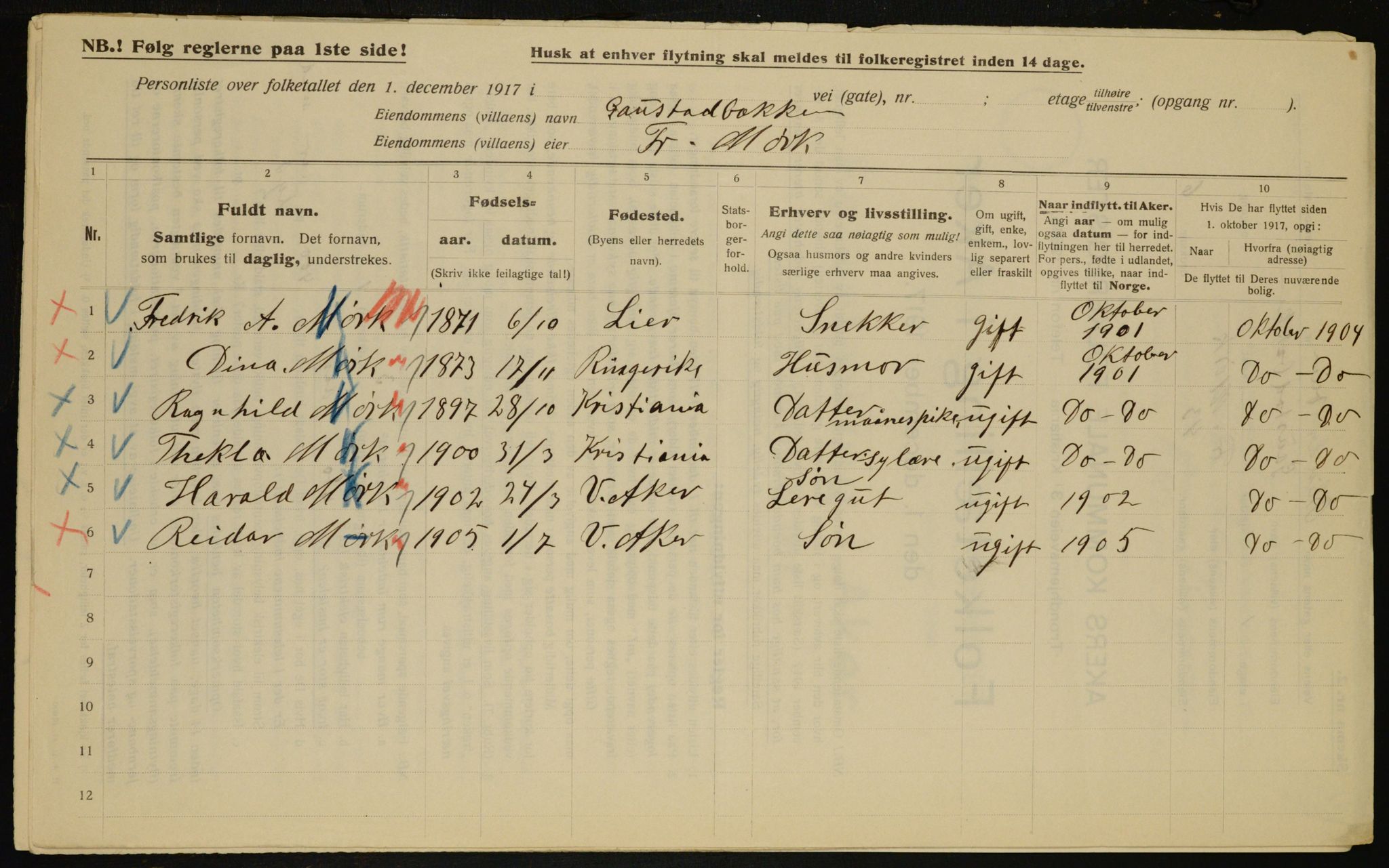 OBA, Municipal Census 1917 for Aker, 1917, p. 10415