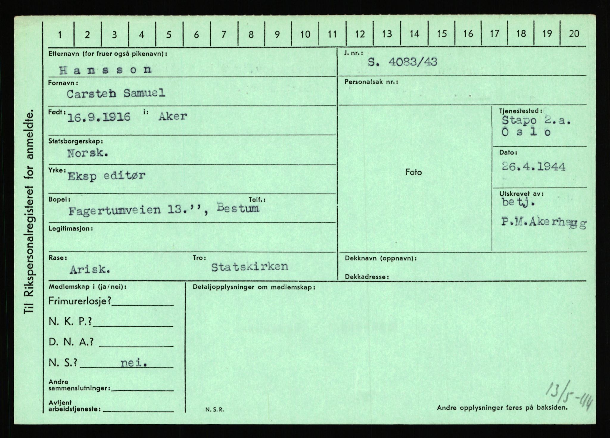 Statspolitiet - Hovedkontoret / Osloavdelingen, AV/RA-S-1329/C/Ca/L0006: Hanche - Hokstvedt, 1943-1945, p. 1720