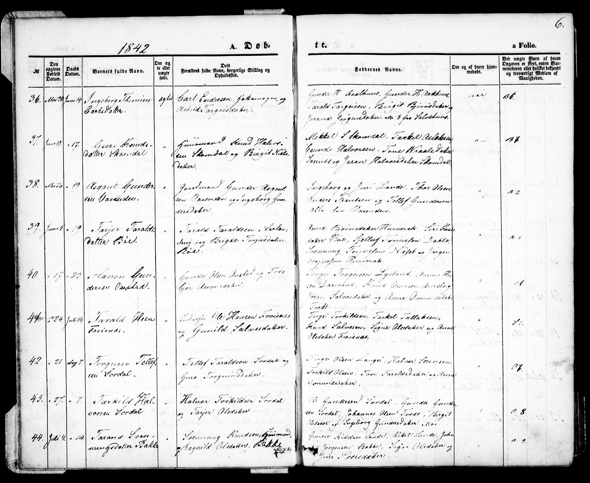 Bygland sokneprestkontor, AV/SAK-1111-0006/F/Fa/Fab/L0004: Parish register (official) no. A 4, 1842-1858, p. 6