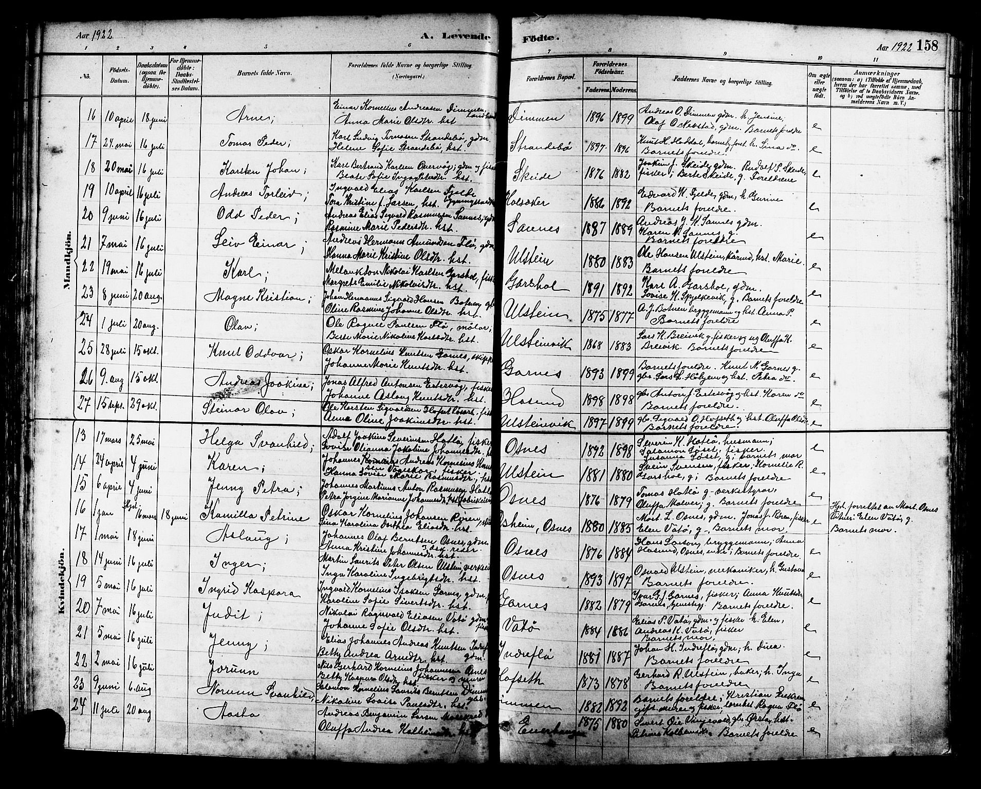 Ministerialprotokoller, klokkerbøker og fødselsregistre - Møre og Romsdal, SAT/A-1454/509/L0112: Parish register (copy) no. 509C02, 1883-1922, p. 158