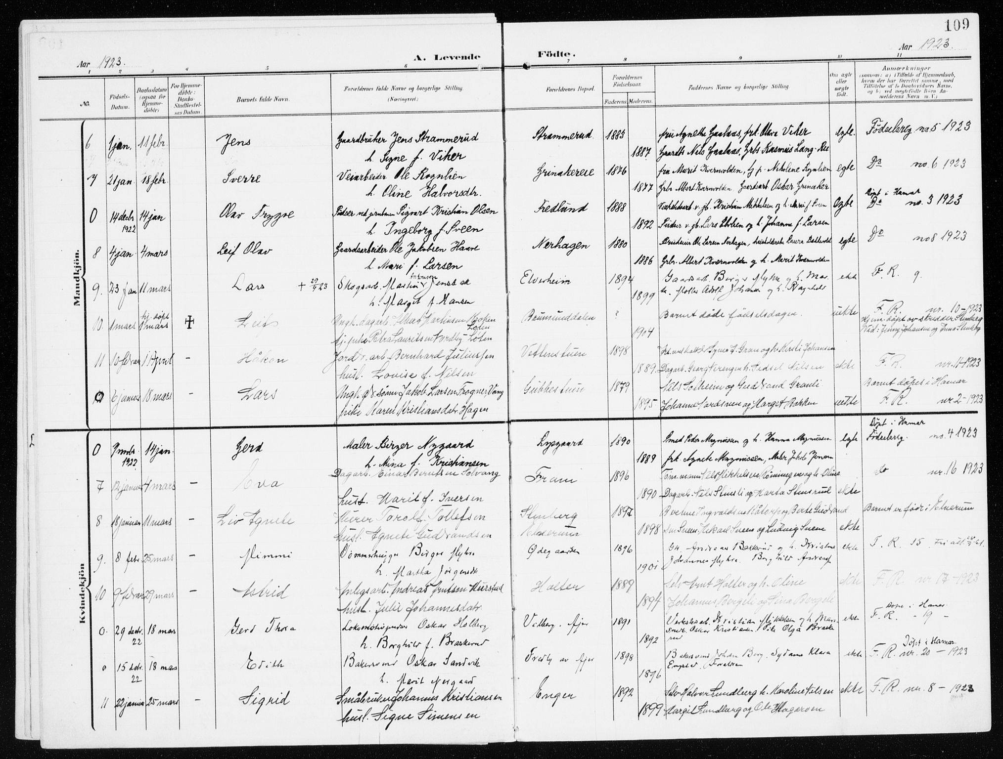 Furnes prestekontor, SAH/PREST-012/K/Ka/L0001: Parish register (official) no. 1, 1907-1935, p. 109
