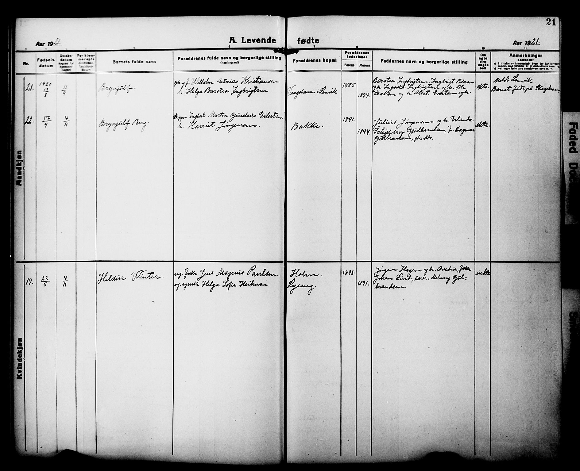 Tranøy sokneprestkontor, AV/SATØ-S-1313/I/Ia/Iab/L0015klokker: Parish register (copy) no. 15, 1918-1930, p. 21