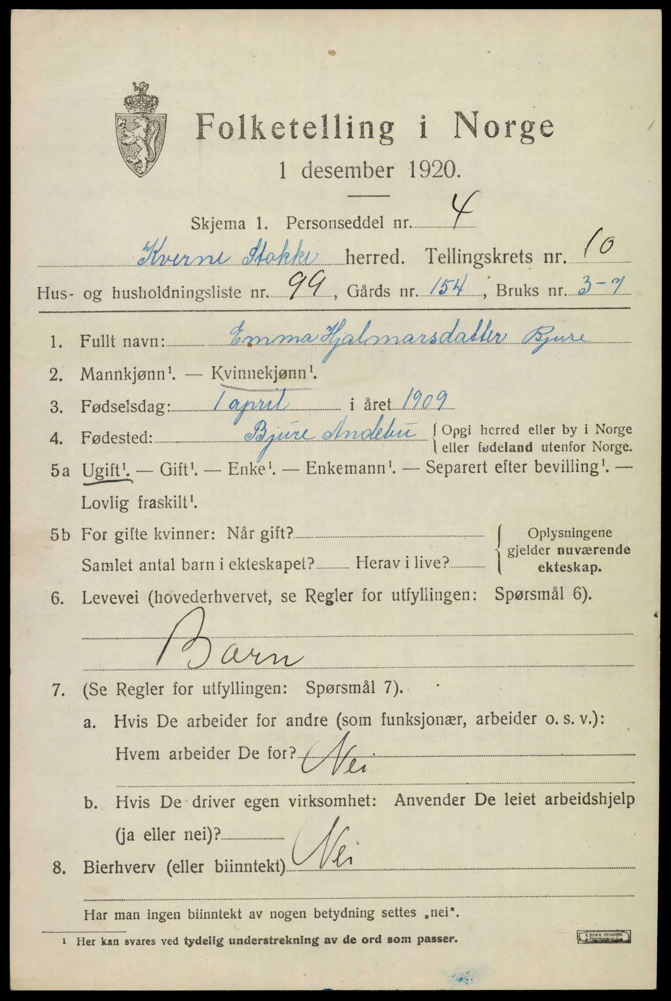 SAKO, 1920 census for Stokke, 1920, p. 12214
