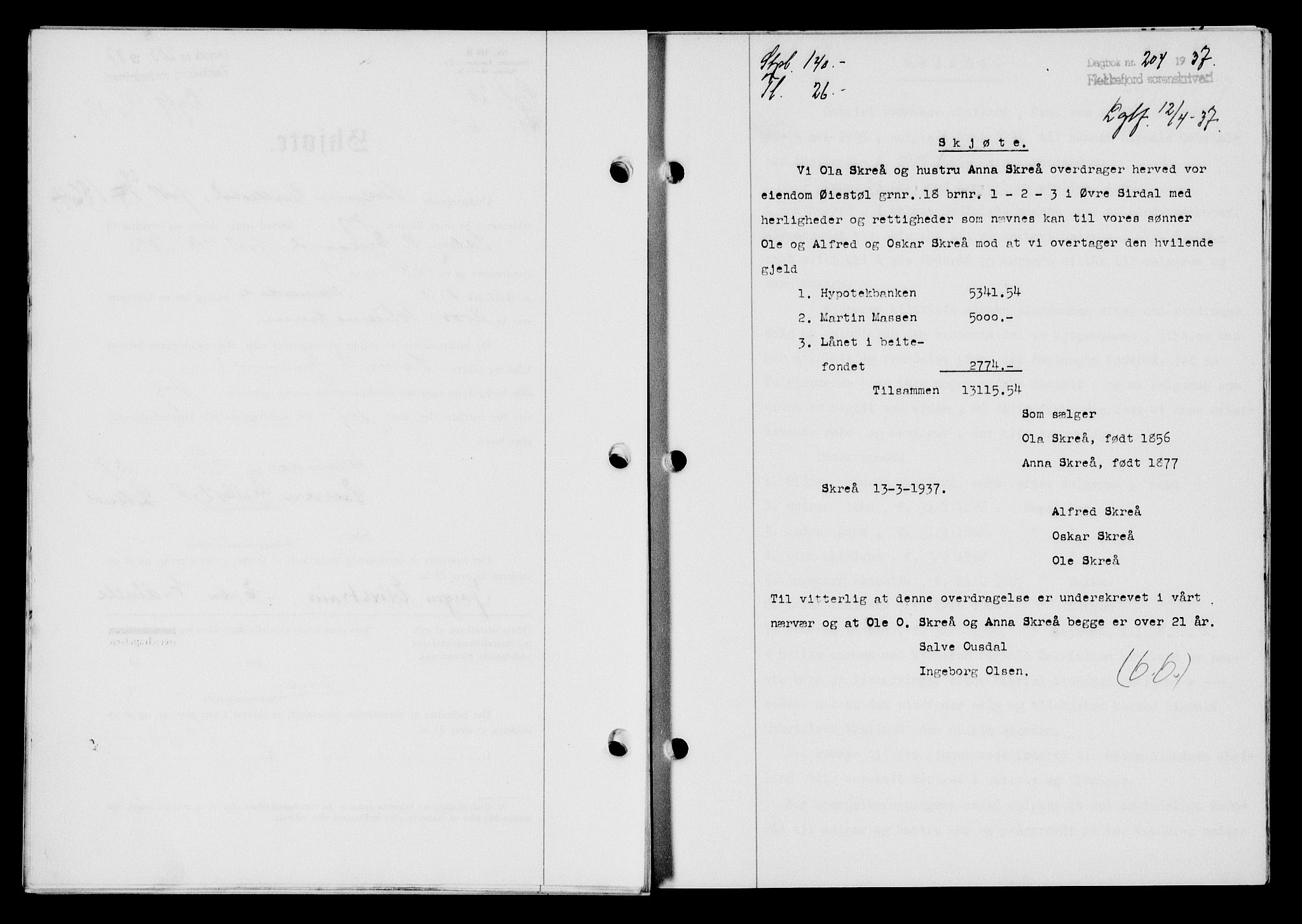 Flekkefjord sorenskriveri, SAK/1221-0001/G/Gb/Gba/L0053: Mortgage book no. A-1, 1936-1937, Diary no: : 204/1937
