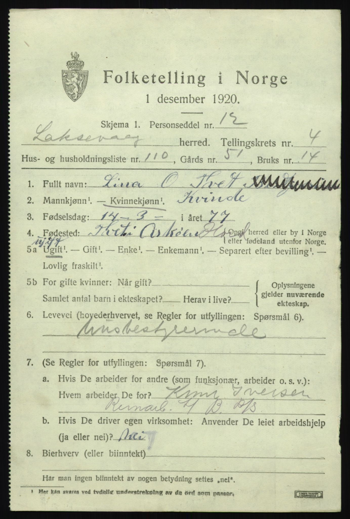 SAB, 1920 census for Laksevåg, 1920, p. 15184