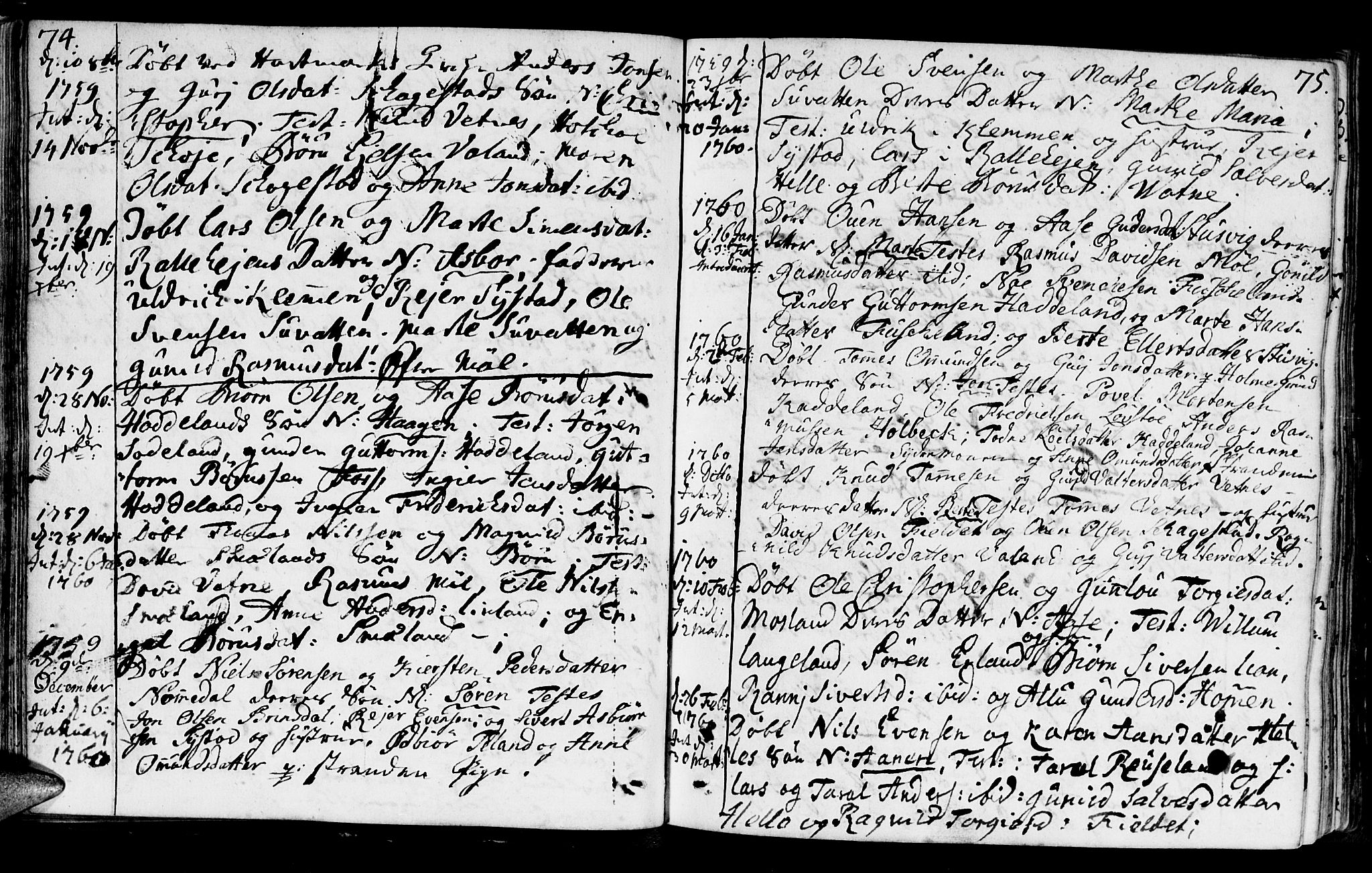 Holum sokneprestkontor, AV/SAK-1111-0022/F/Fa/Faa/L0002: Parish register (official) no. A 2, 1756-1780, p. 74-75