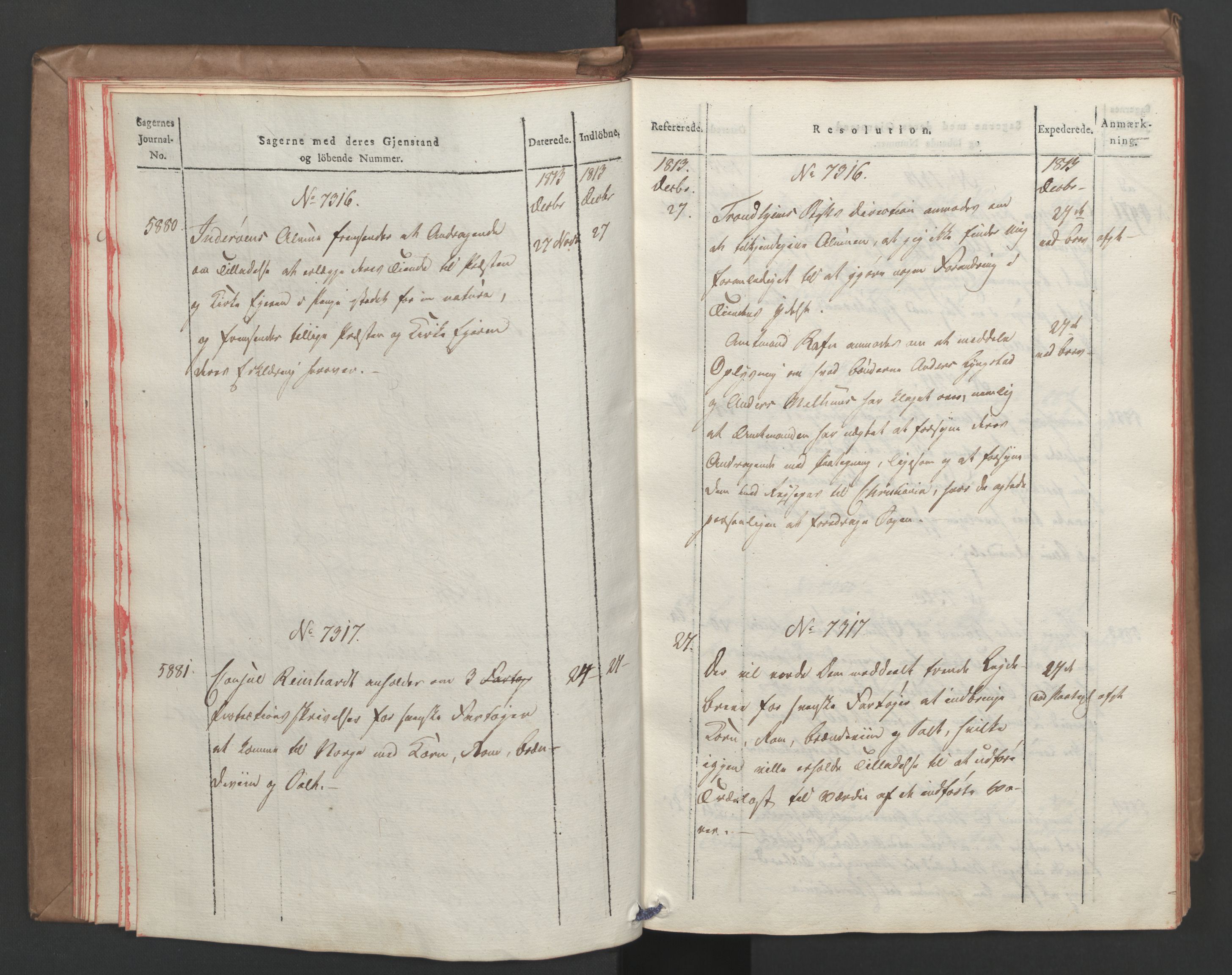 Stattholderembetet 1810-1814, 1. kontor (Kontor A), AV/RA-EA-2872/Ab/L0008: Referatprotokoll,  j.nr. 5846-6405,  l.nr. 7275-7924, 1813-1814, p. 16