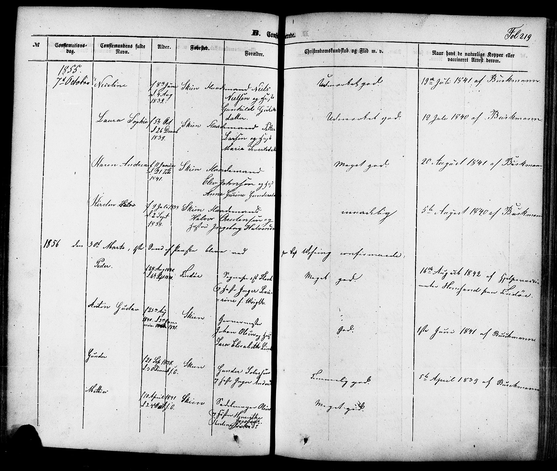 Skien kirkebøker, SAKO/A-302/F/Fa/L0006a: Parish register (official) no. 6A, 1843-1856, p. 219