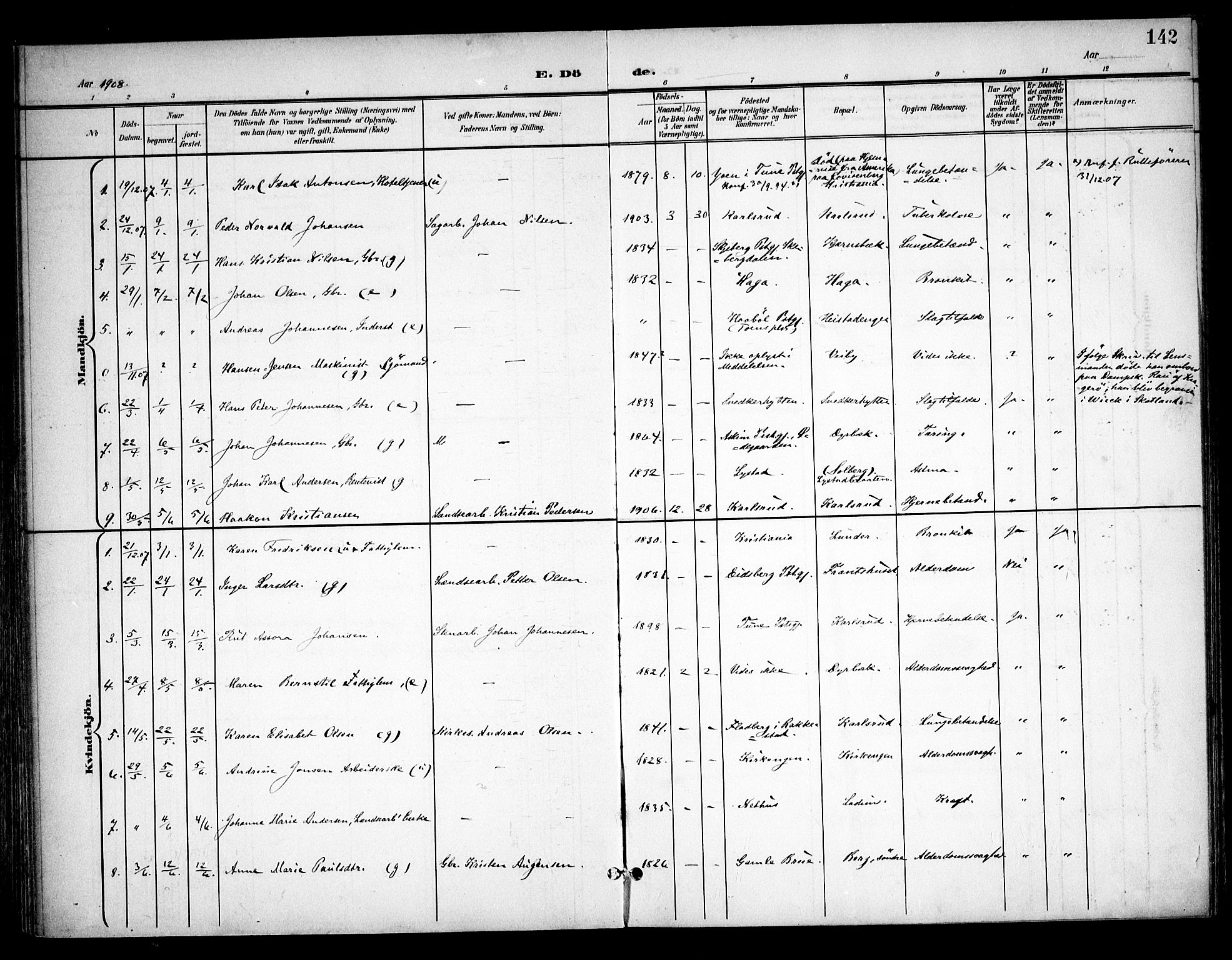 Skiptvet prestekontor Kirkebøker, SAO/A-20009/F/Fa/L0011: Parish register (official) no. 11, 1901-1913, p. 142