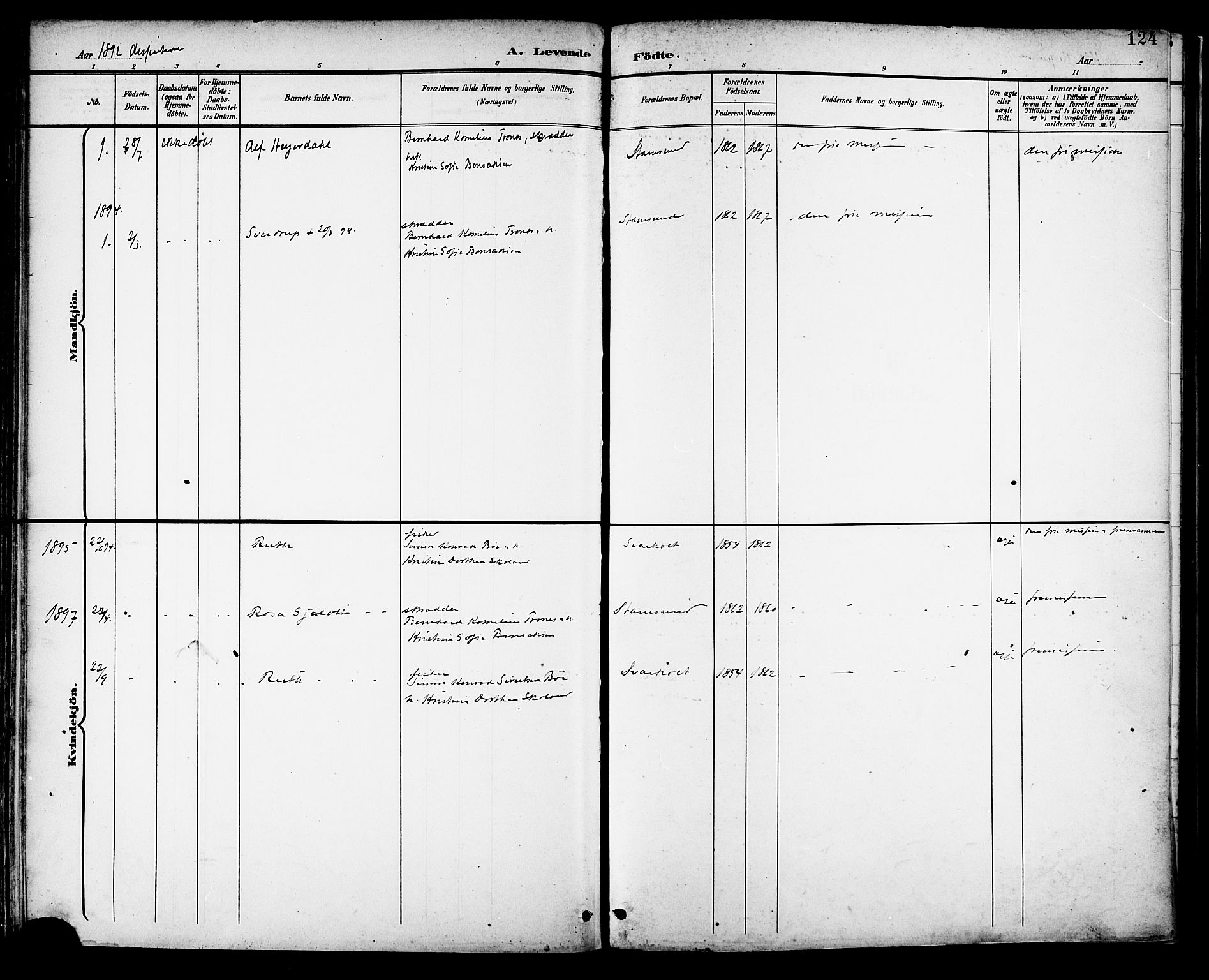Ministerialprotokoller, klokkerbøker og fødselsregistre - Nordland, SAT/A-1459/882/L1179: Parish register (official) no. 882A01, 1886-1898, p. 124