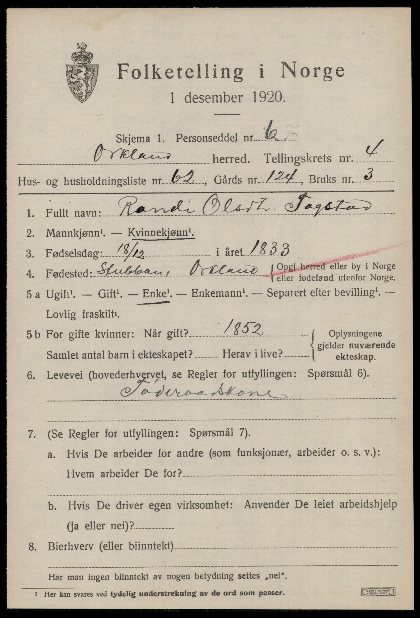 SAT, 1920 census for Orkland, 1920, p. 4018