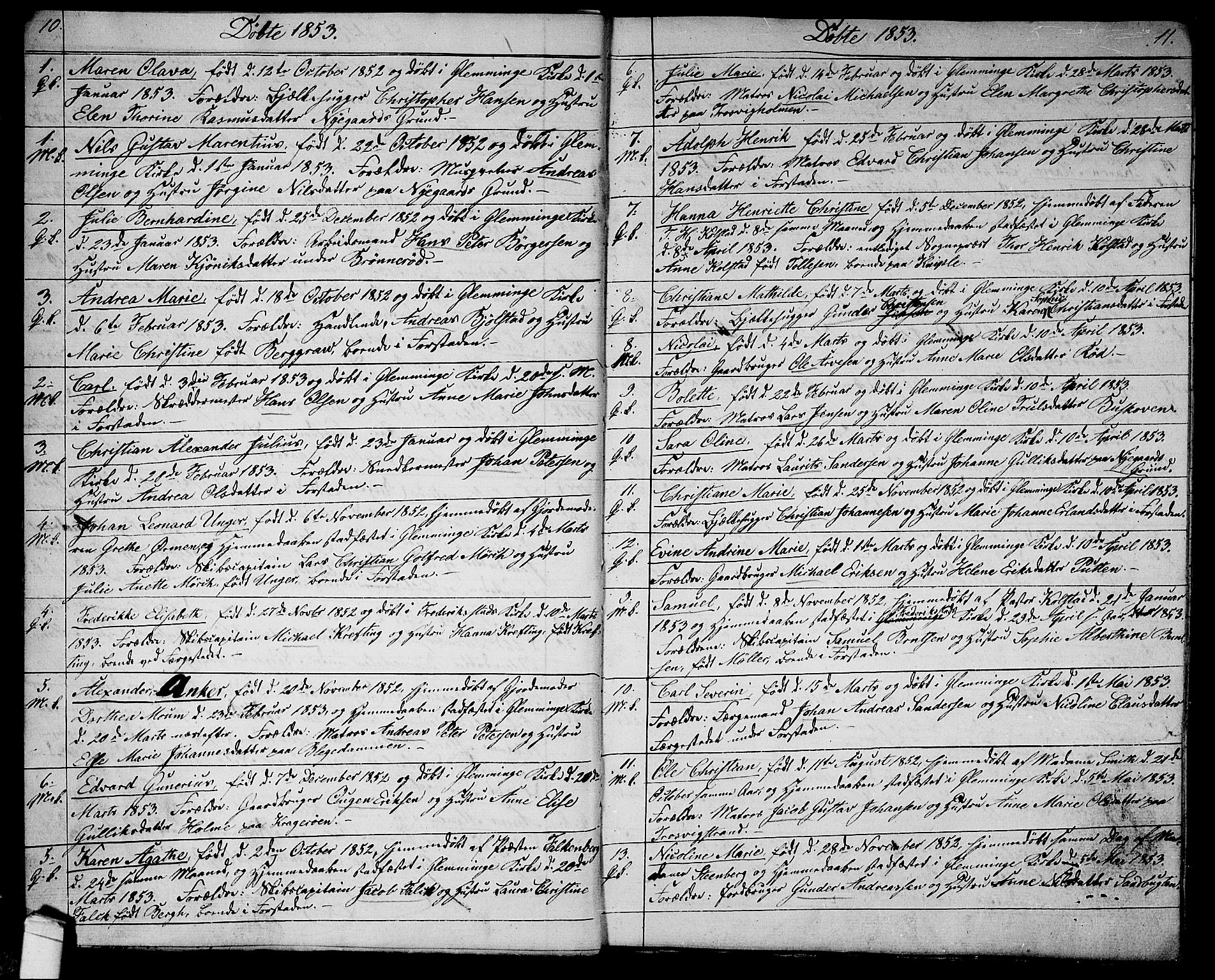 Glemmen prestekontor Kirkebøker, AV/SAO-A-10908/G/Ga/L0003: Parish register (copy) no. 3, 1852-1866, p. 10-11