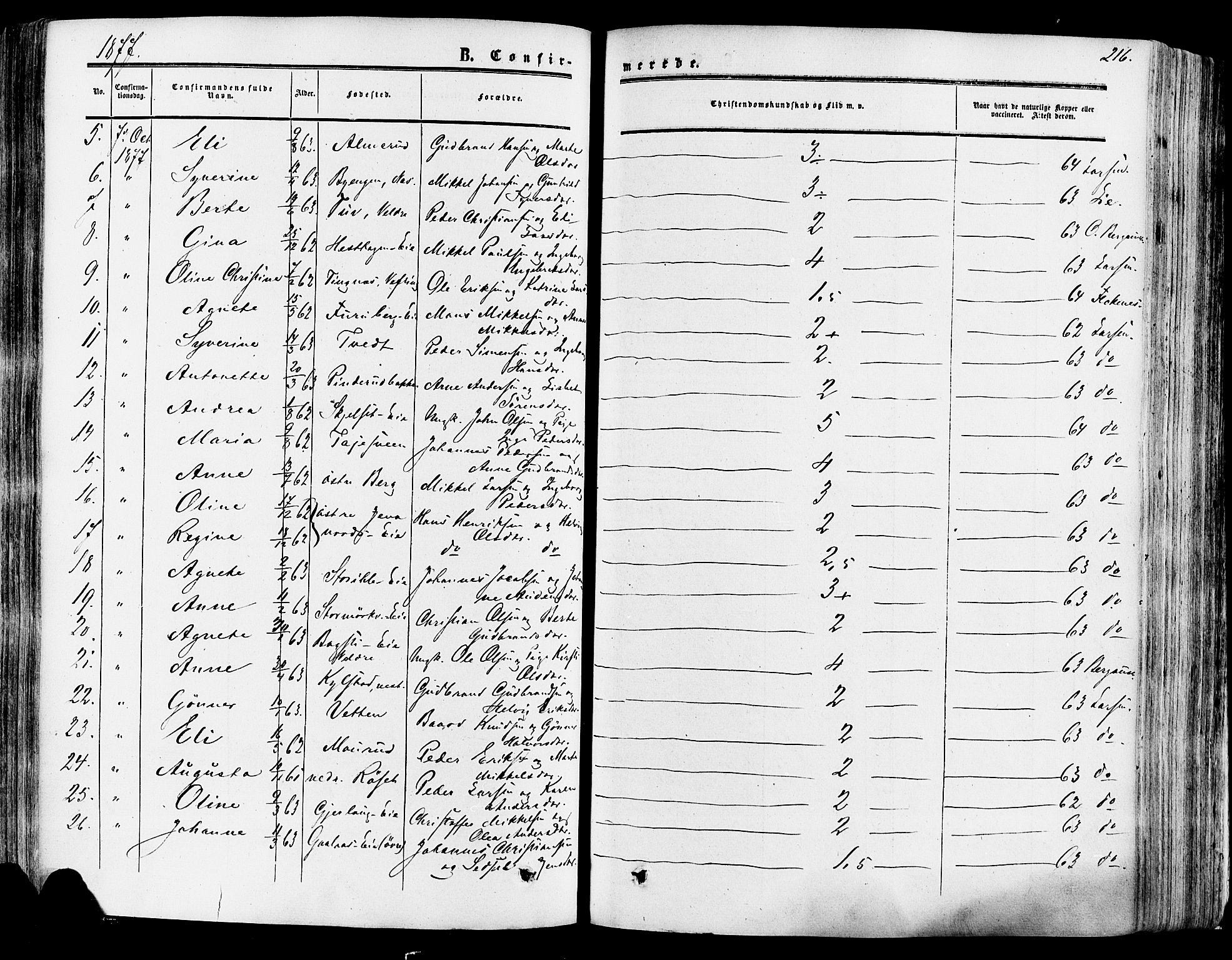 Vang prestekontor, Hedmark, AV/SAH-PREST-008/H/Ha/Haa/L0013: Parish register (official) no. 13, 1855-1879, p. 216