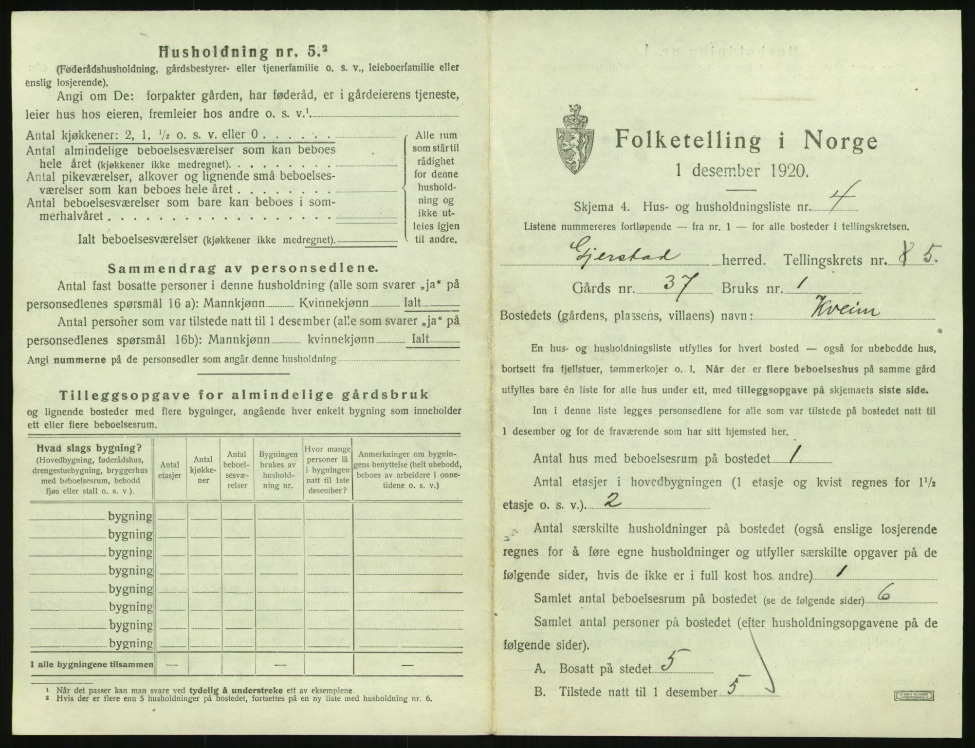 SAK, 1920 census for Gjerstad, 1920, p. 445