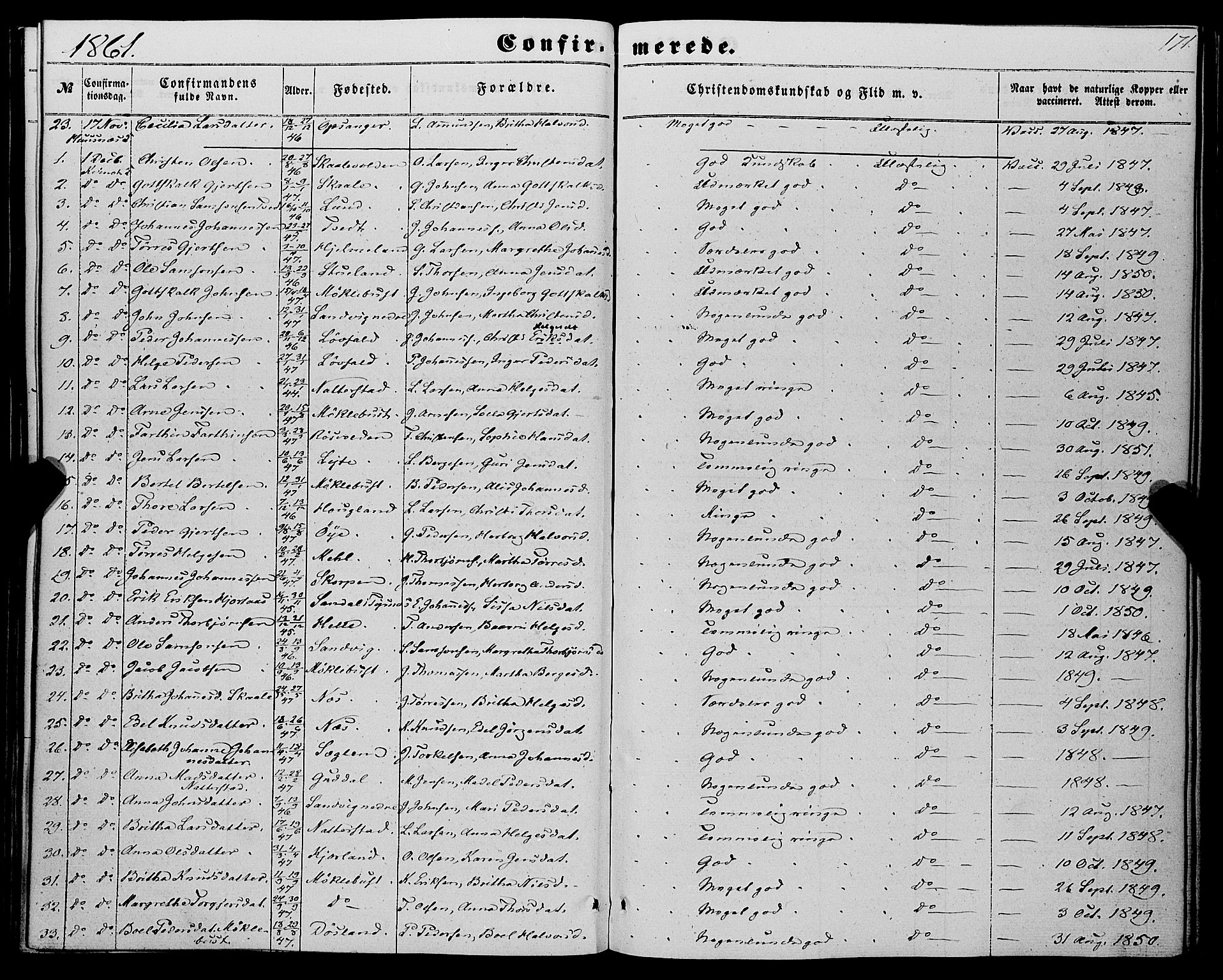 Kvinnherad sokneprestembete, AV/SAB-A-76401/H/Haa: Parish register (official) no. A 8, 1854-1872, p. 171