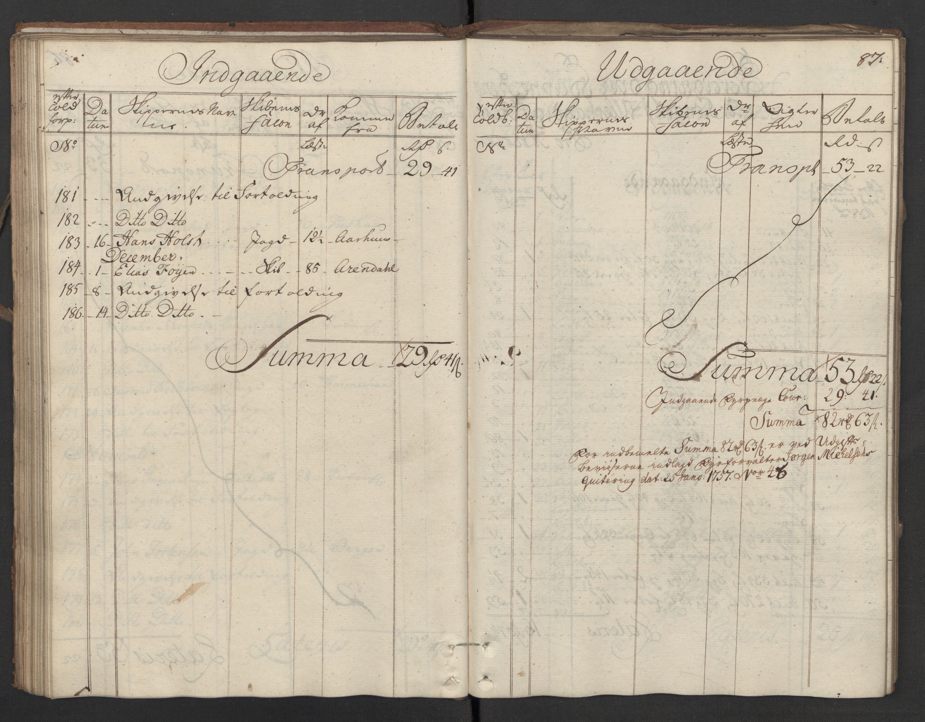 Generaltollkammeret, tollregnskaper, AV/RA-EA-5490/R02/L0023/0001: Tollregnskaper Fredrikstad / Utgående hovedtollbok, 1756, p. 87