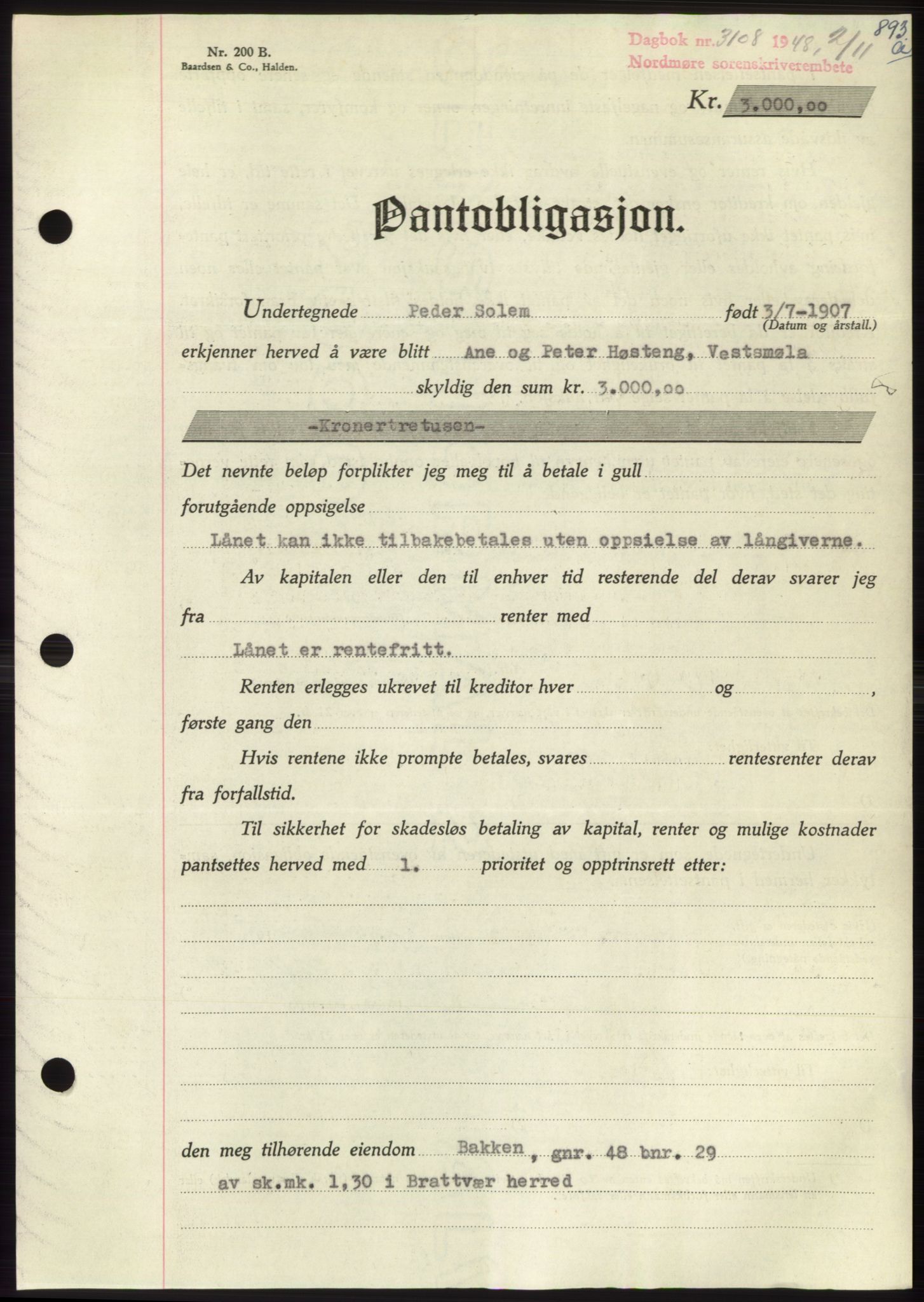 Nordmøre sorenskriveri, AV/SAT-A-4132/1/2/2Ca: Mortgage book no. B99, 1948-1948, Diary no: : 3108/1948