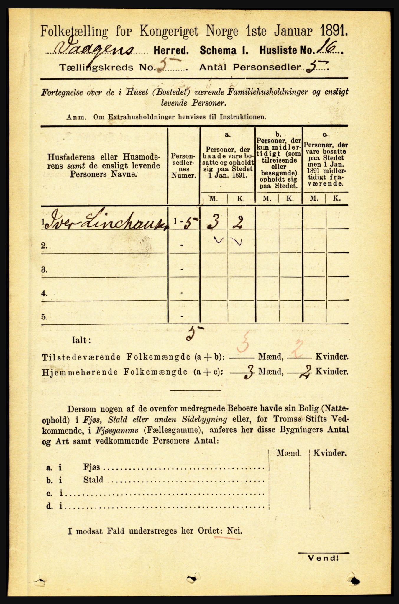 RA, 1891 census for 1865 Vågan, 1891, p. 1565