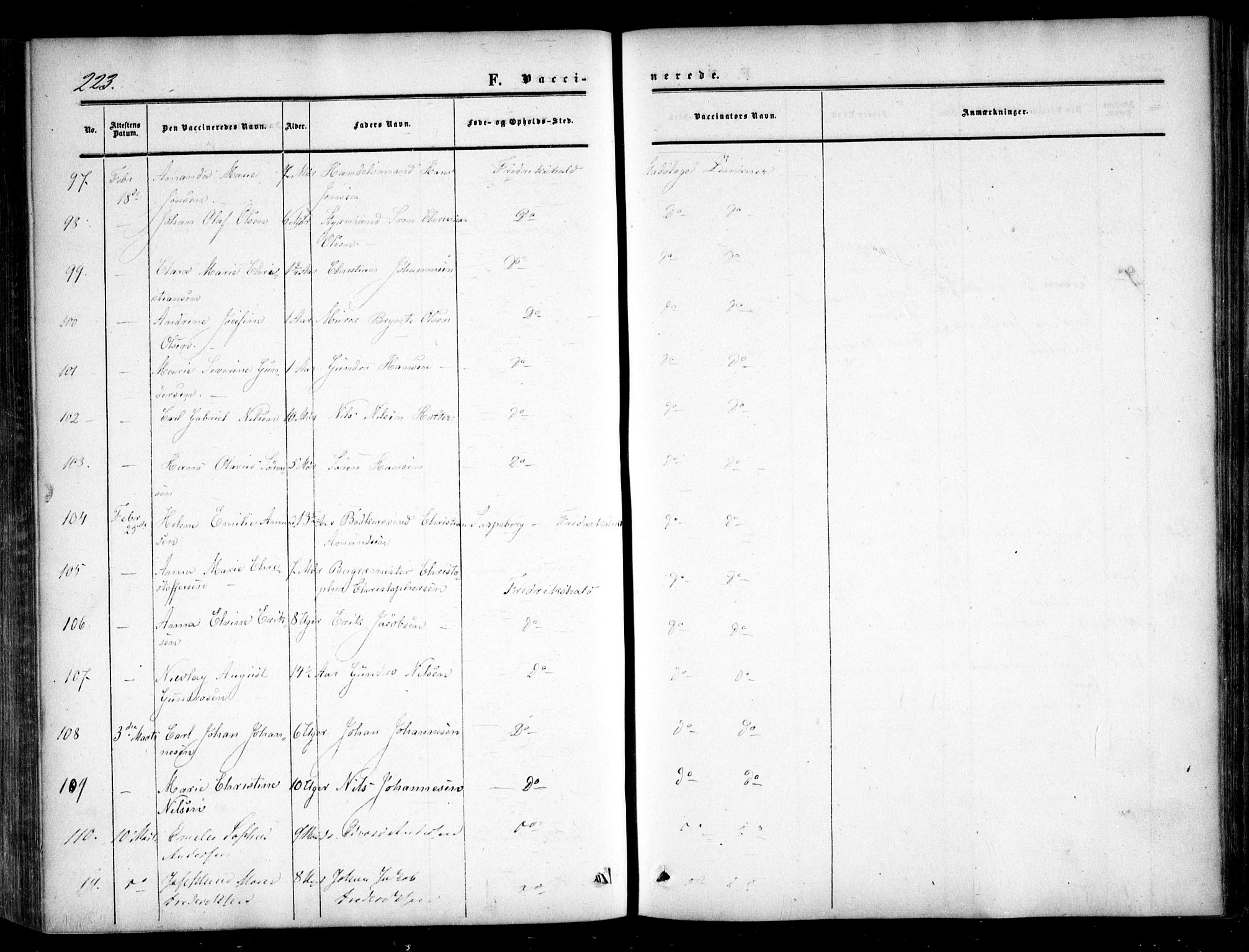 Halden prestekontor Kirkebøker, AV/SAO-A-10909/F/Fa/L0008: Parish register (official) no. I 8, 1857-1865, p. 223