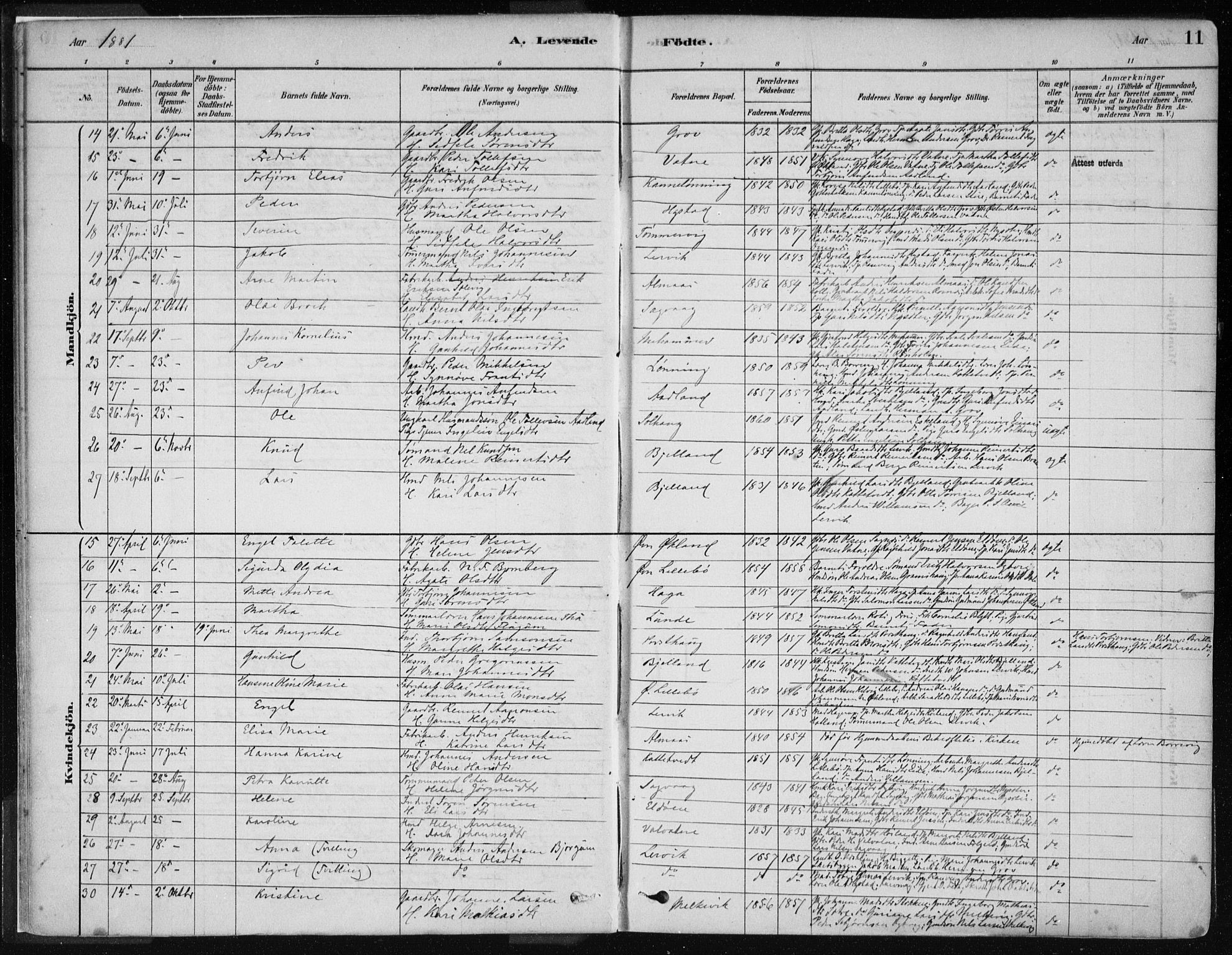 Stord sokneprestembete, AV/SAB-A-78201/H/Haa: Parish register (official) no. B 2, 1878-1913, p. 11