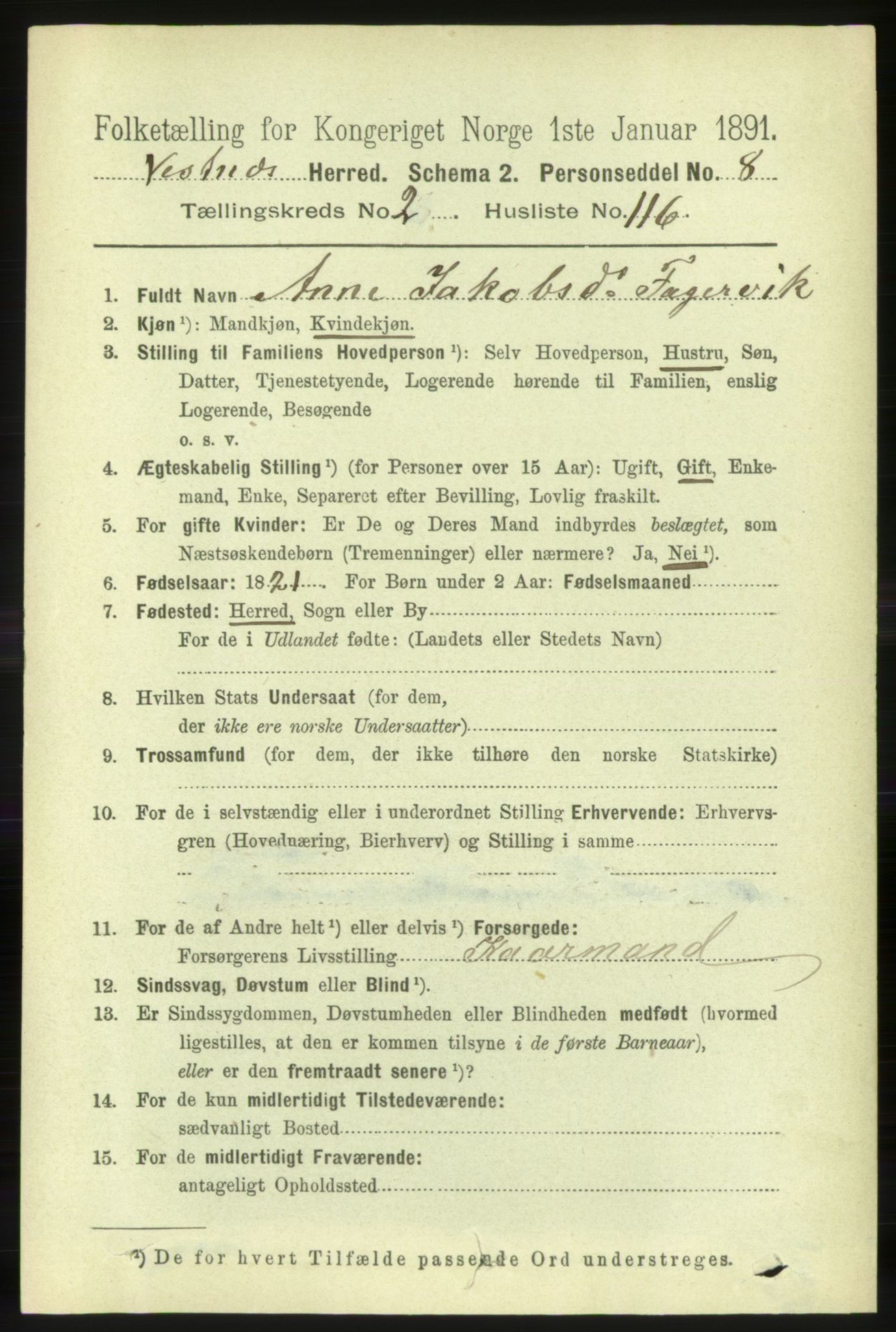 RA, 1891 census for 1535 Vestnes, 1891, p. 805