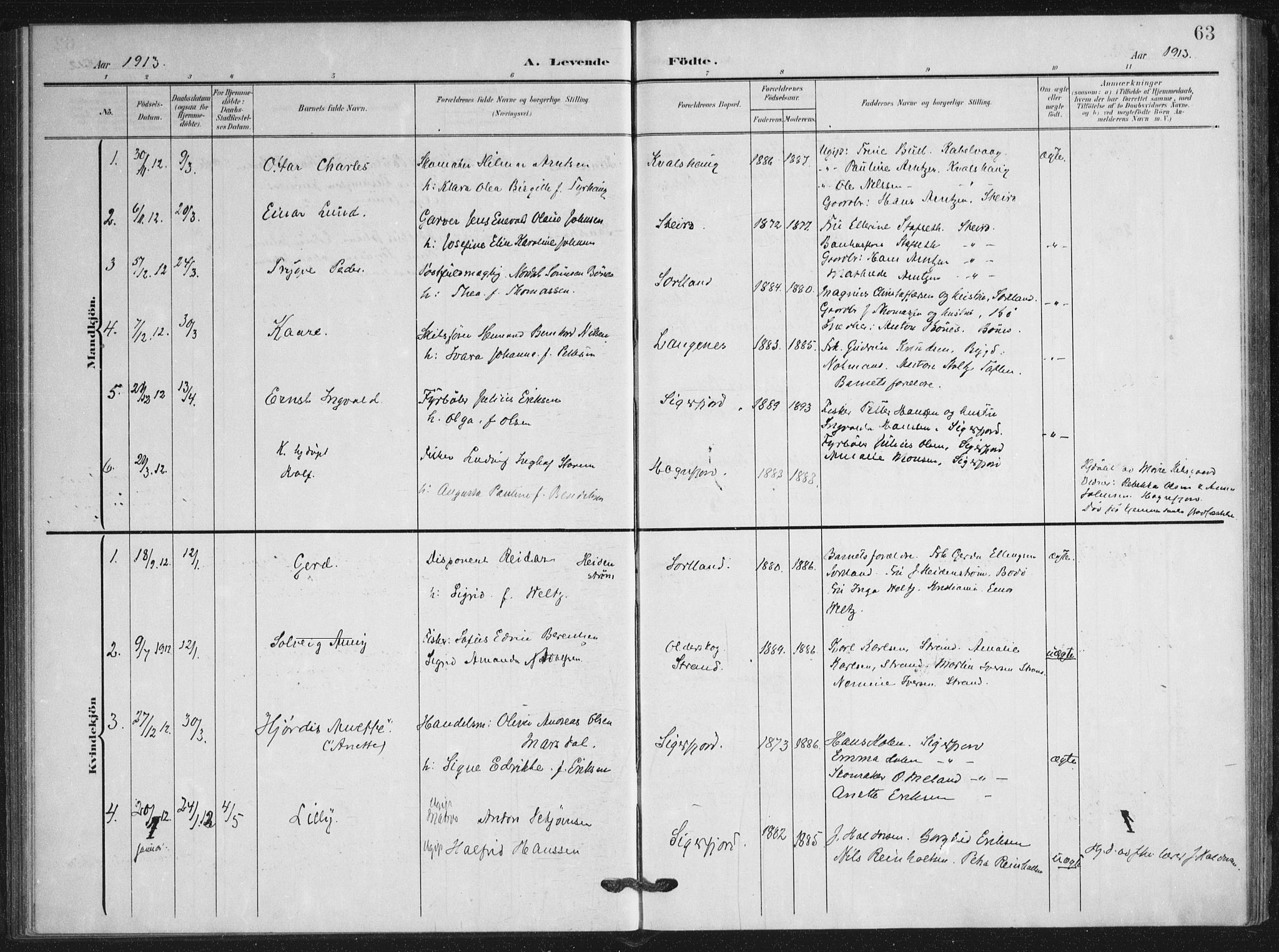 Ministerialprotokoller, klokkerbøker og fødselsregistre - Nordland, AV/SAT-A-1459/895/L1373: Parish register (official) no. 895A08, 1905-1915, p. 63