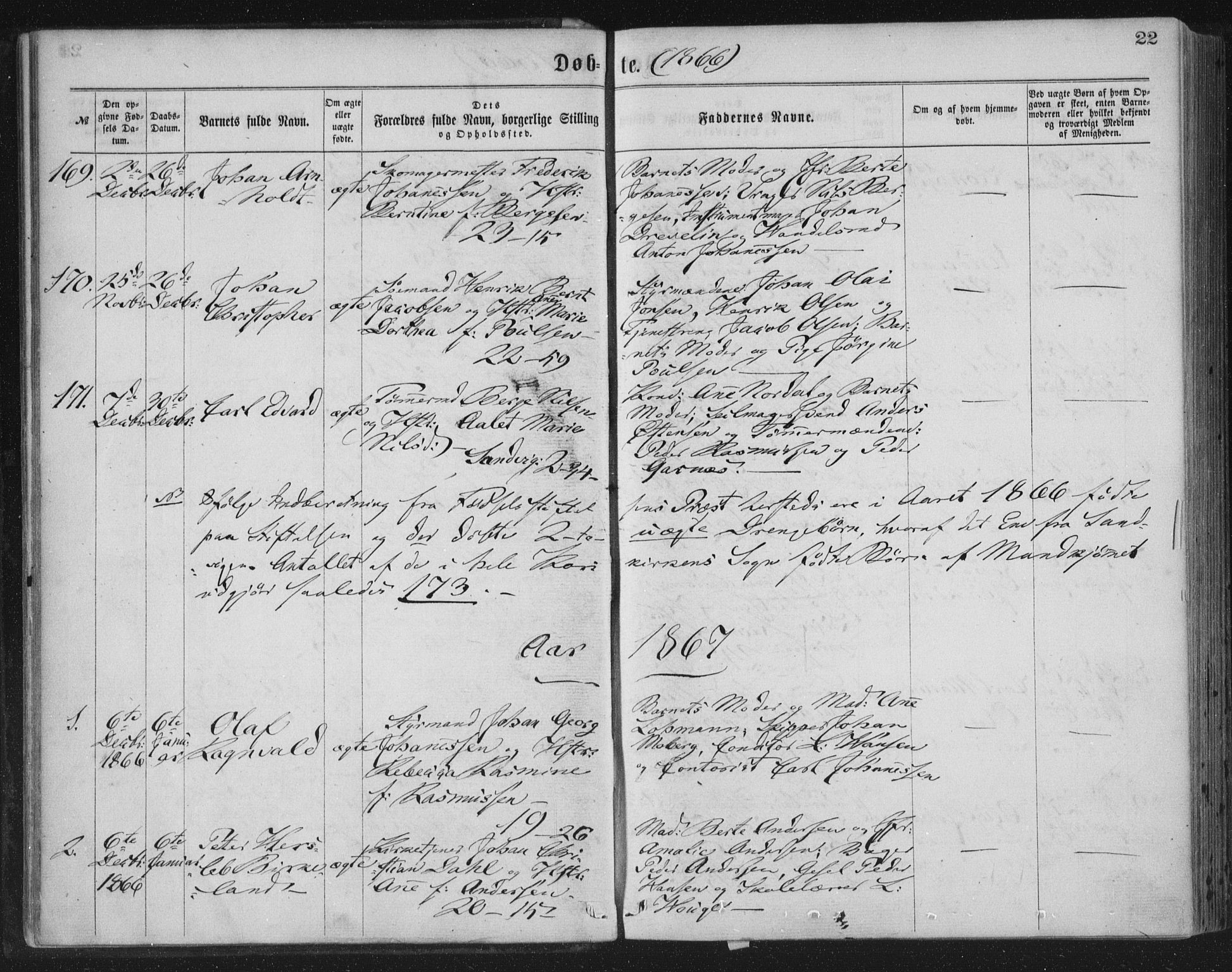 Korskirken sokneprestembete, SAB/A-76101/H/Haa/L0019: Parish register (official) no. B 5, 1866-1871, p. 22