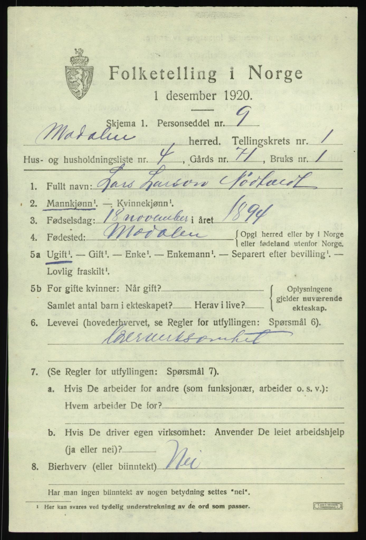 SAB, 1920 census for Modalen, 1920, p. 320