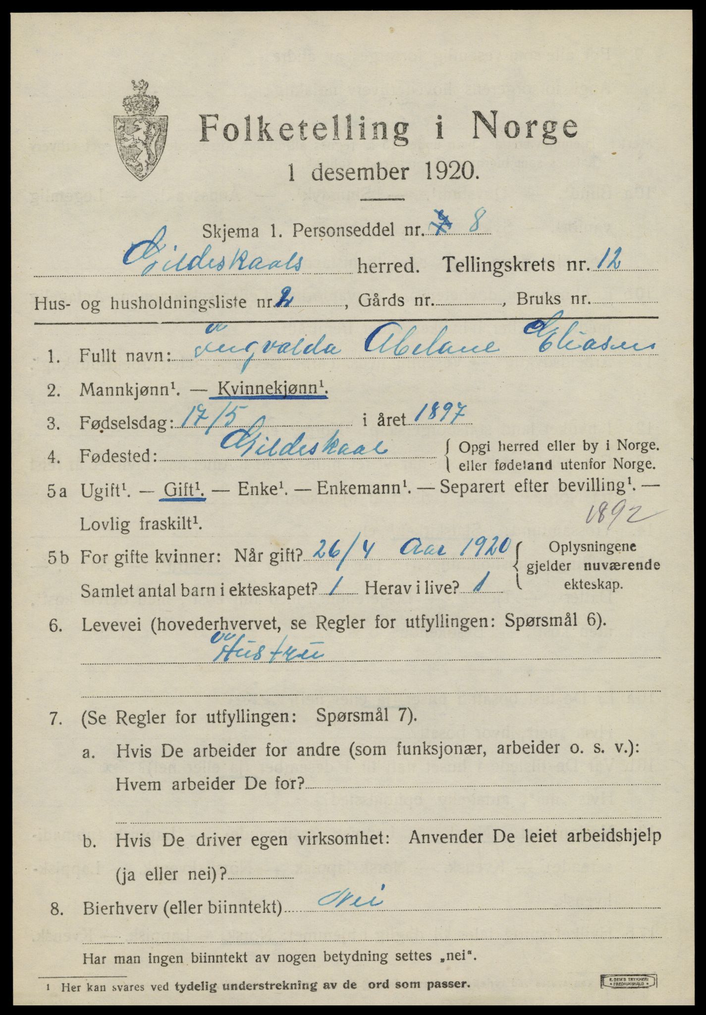 SAT, 1920 census for Gildeskål, 1920, p. 7240